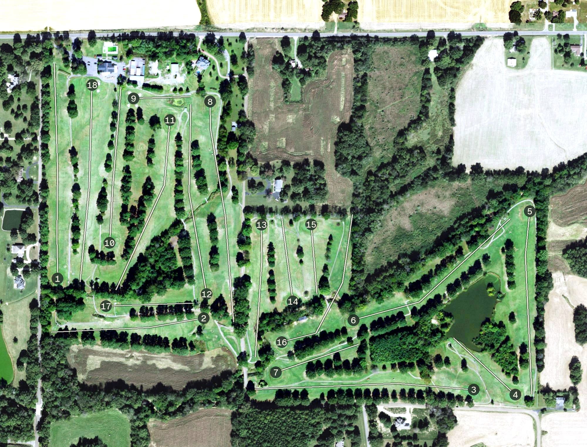 Aerial view of Fulton Country Club, TN, with its hole routing marked