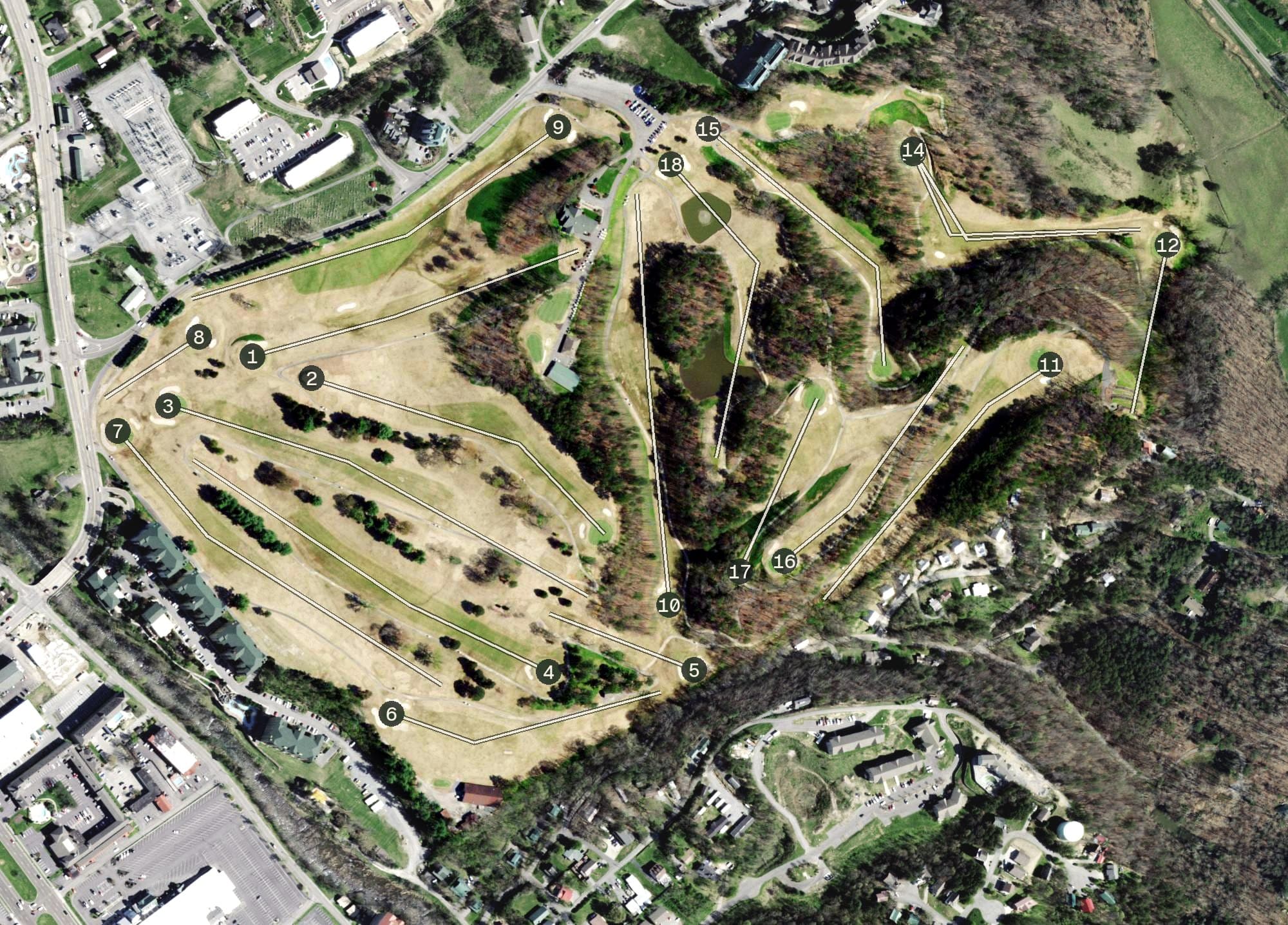 Aerial view of Gatlinburg Golf Course, TN, with its hole routing marked