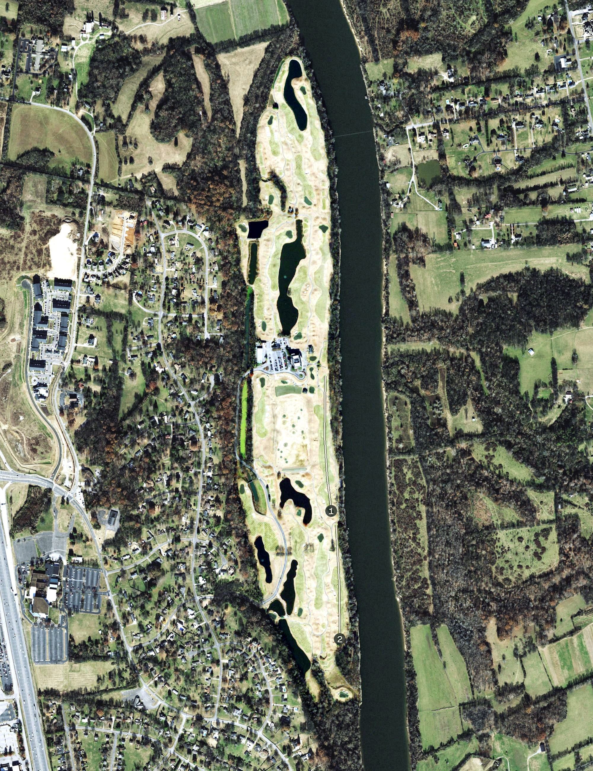 Aerial view of Gaylord Springs Golf Links, TN, with its hole routing marked