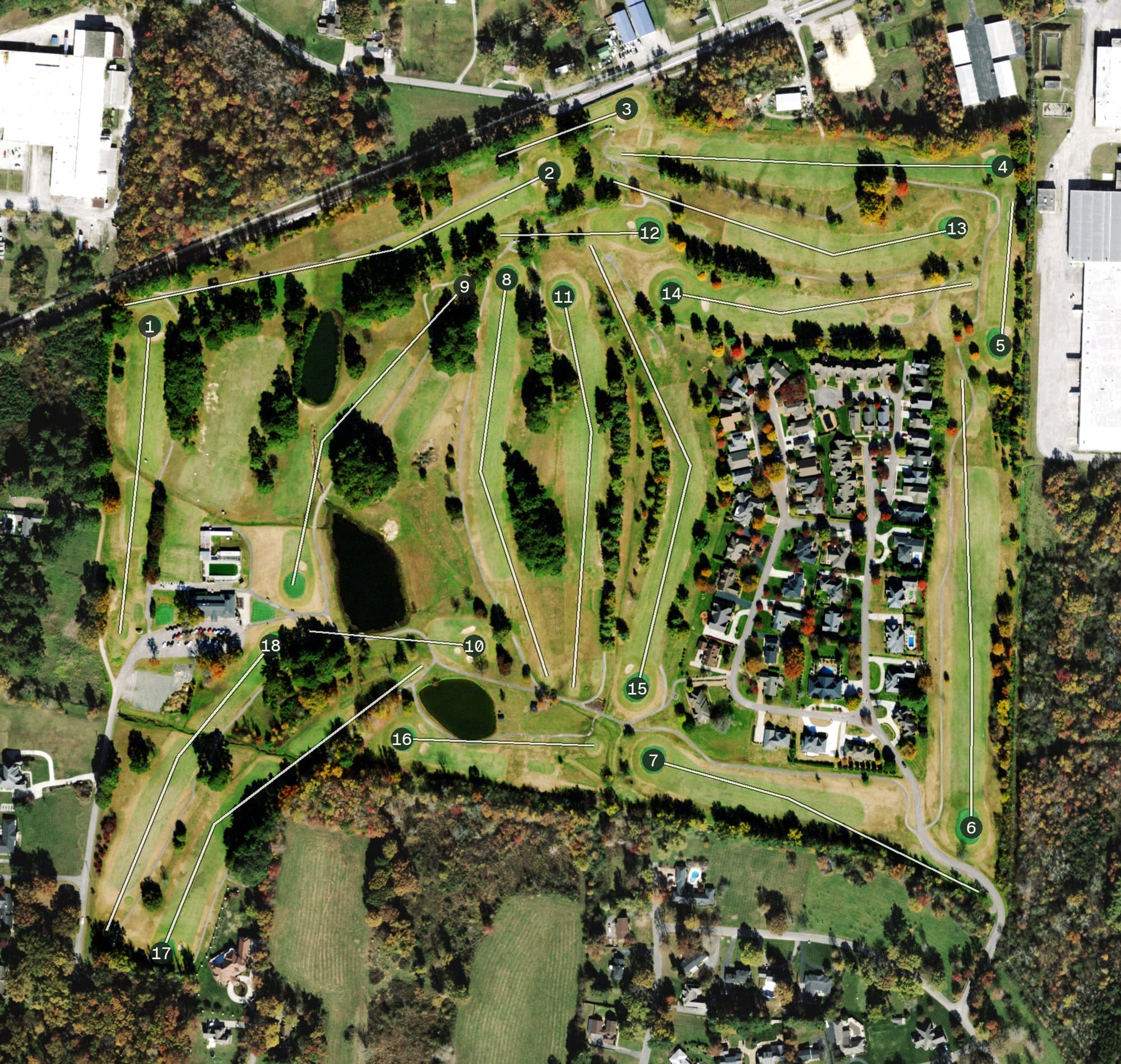 Aerial view of Golden Eagle Golf Club, TN, with its hole routing marked