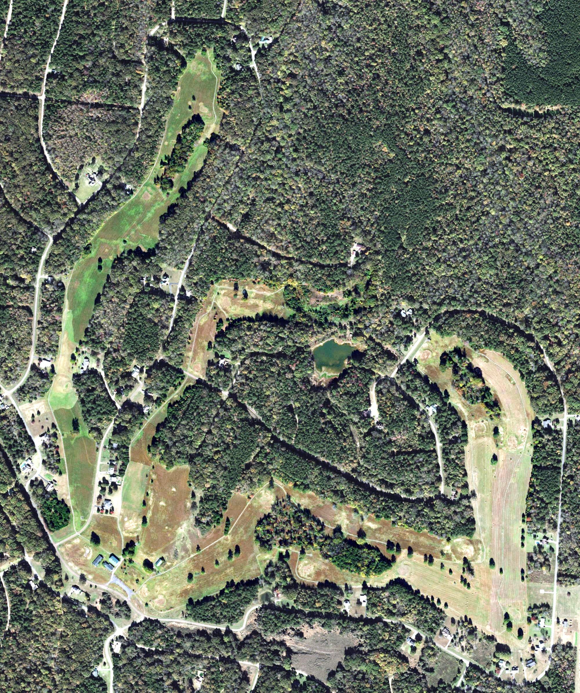 Aerial view of Grand Valley Lakes Golf Course, TN, with its hole routing marked
