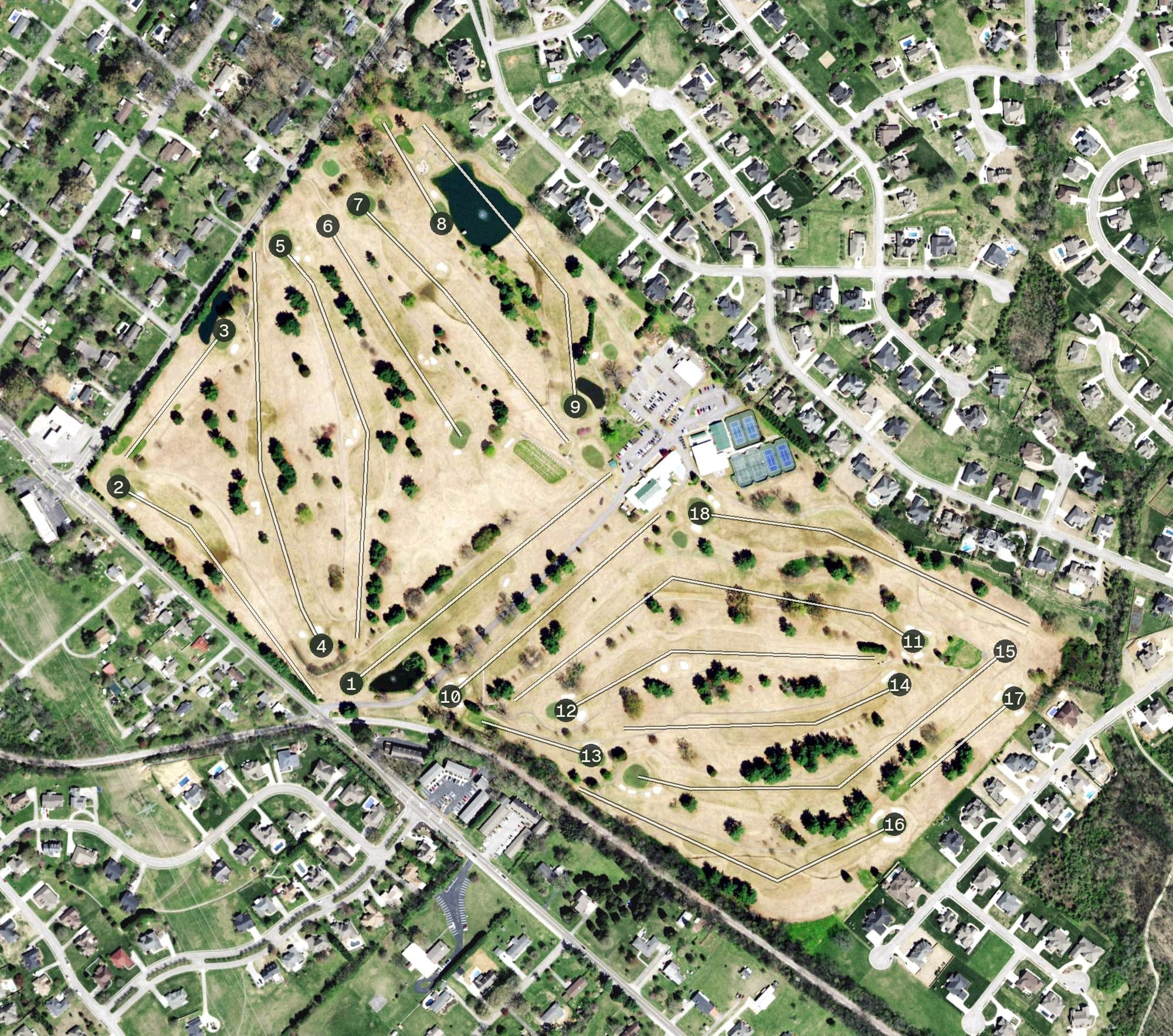 Aerial view of Green Meadow Country Club, TN, with its hole routing marked