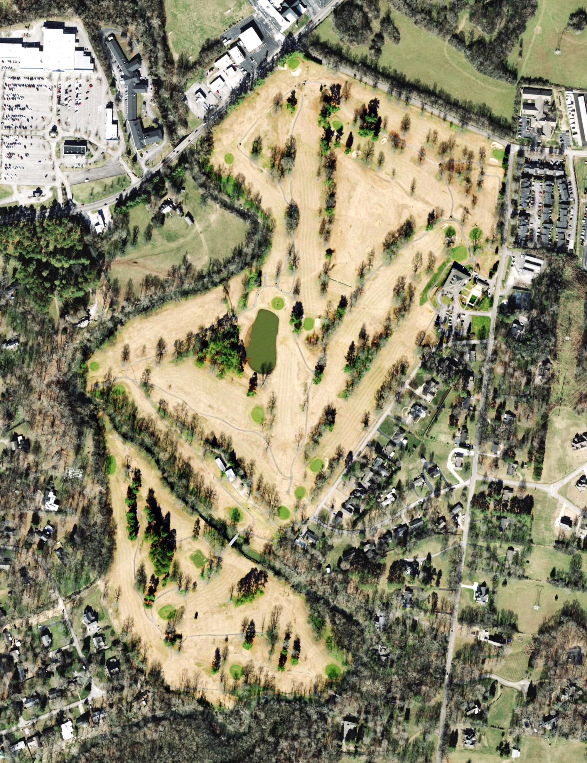 Aerial view of Greymere Country Club, TN, with its hole routing marked