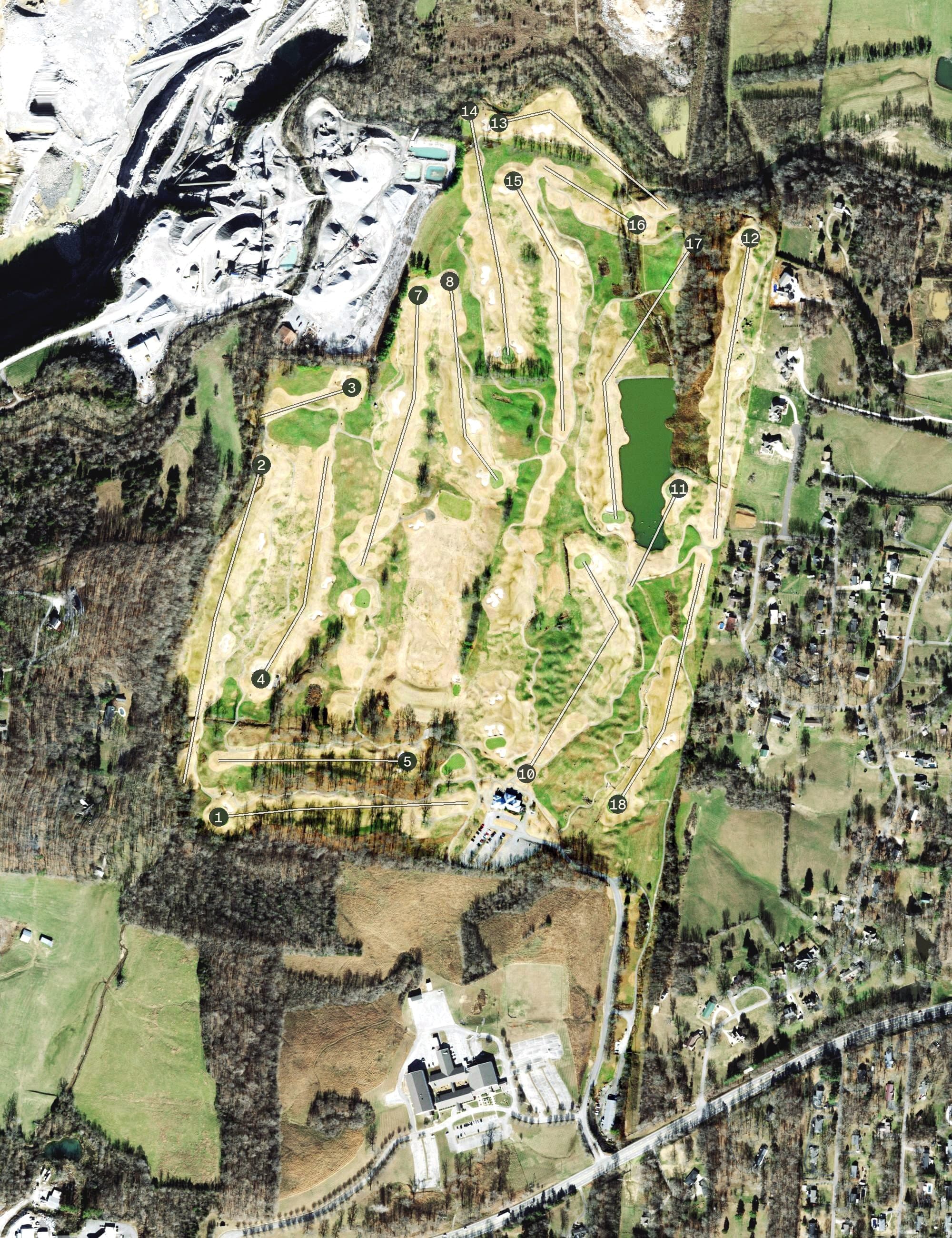 Aerial view of Greystone Golf Club, TN, with its hole routing marked