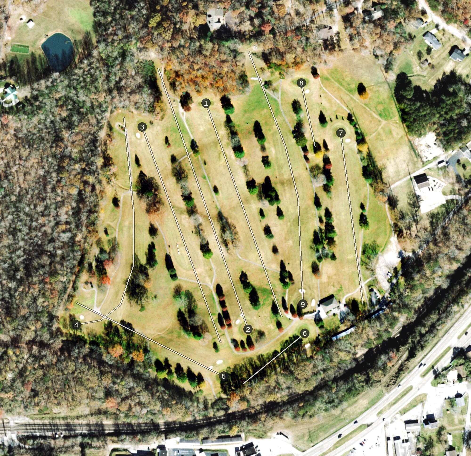 Aerial view of Harriman Golf Course, TN, with its hole routing marked