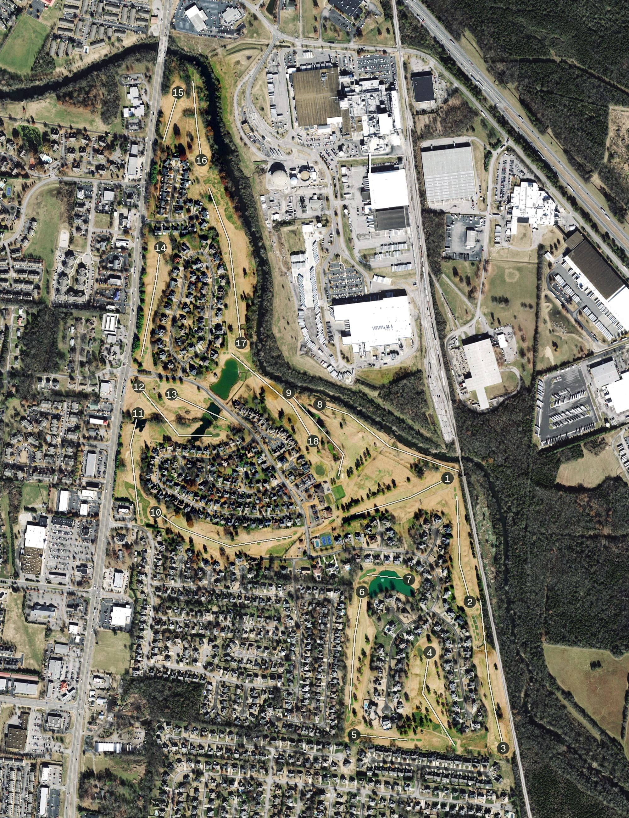 Aerial view of Indian Hills Golf Course, TN, with its hole routing marked