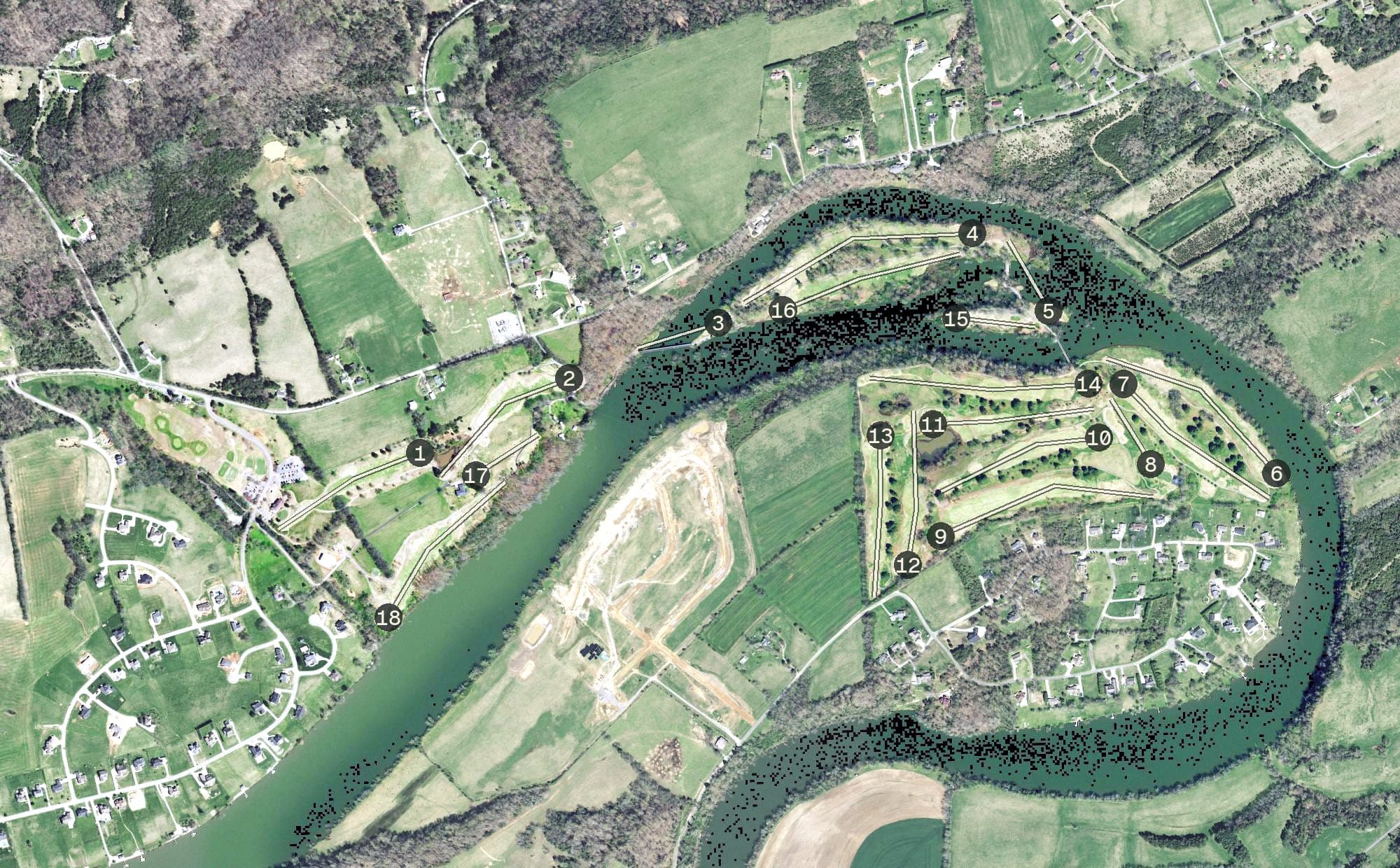Aerial view of Island Pointe Golf Club, TN, with its hole routing marked