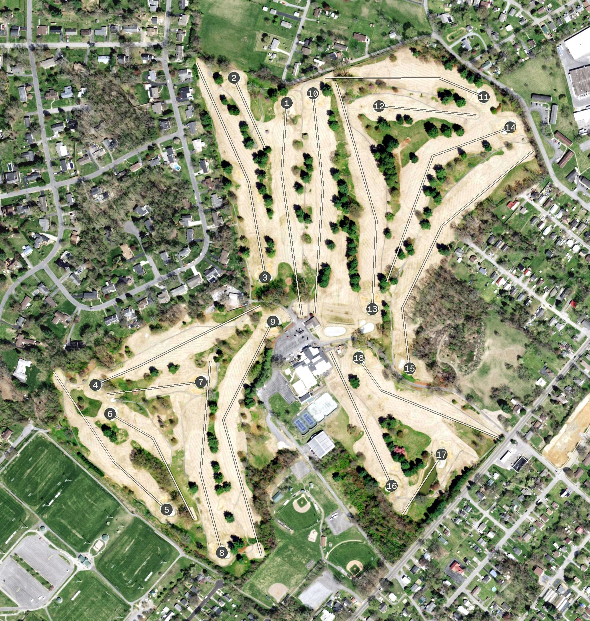Aerial view of Johnson City Country Club, TN, with its hole routing marked