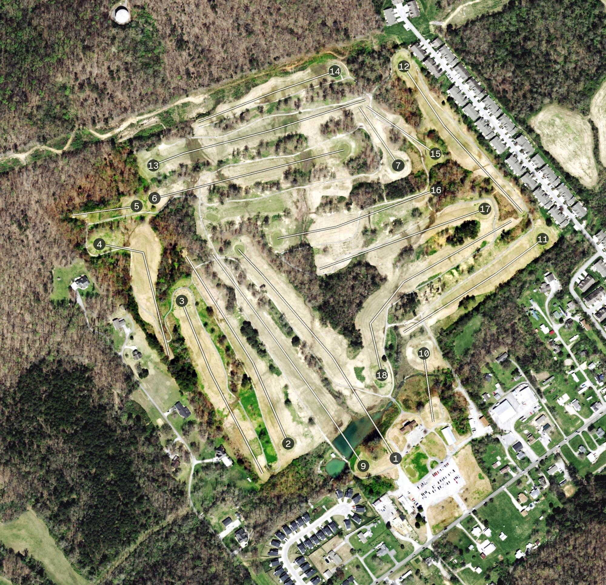 Aerial view of Knoxville Municipal Golf Course, TN, with its hole routing marked
