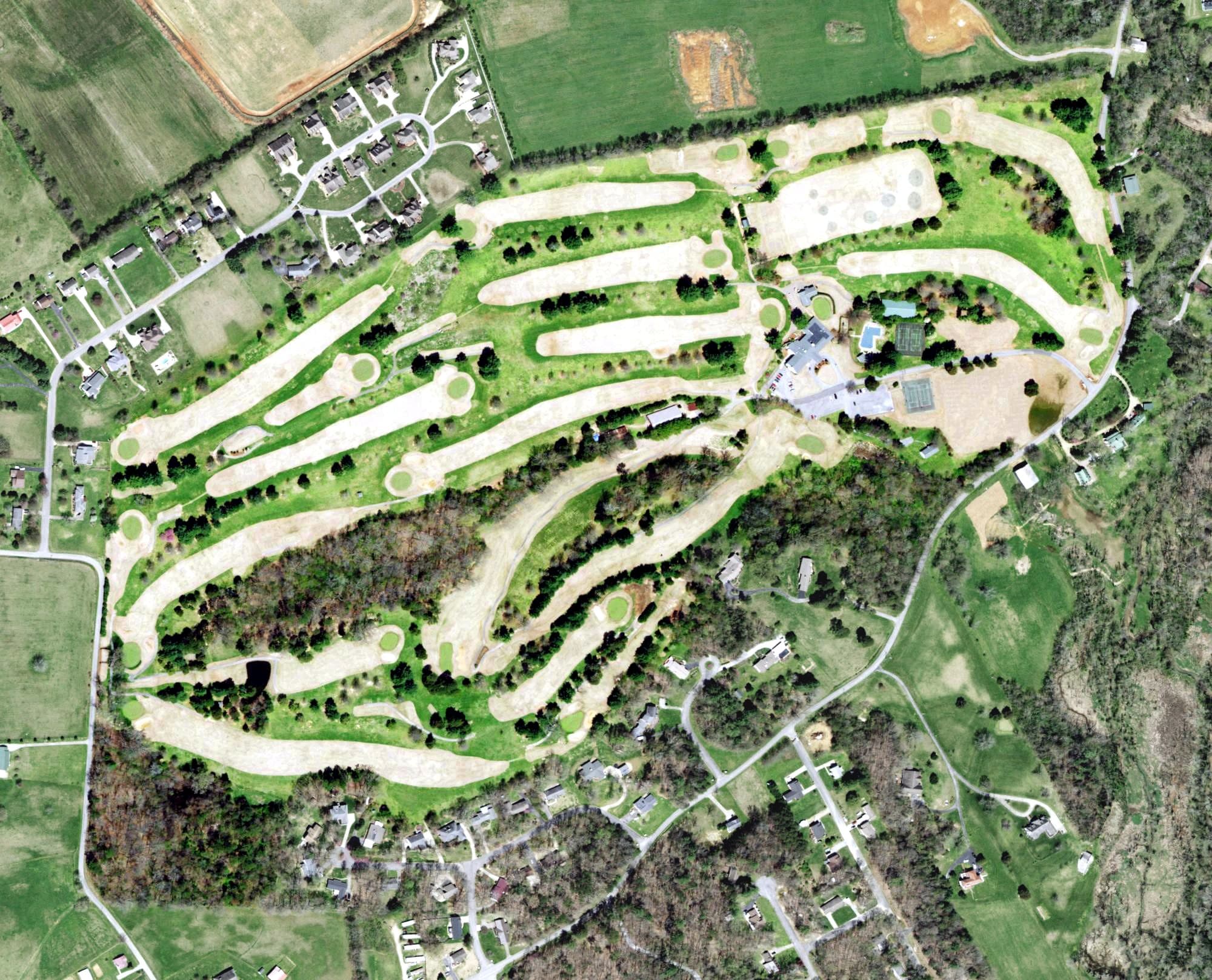 Aerial view of Link Hills Country Club, TN, with its hole routing marked