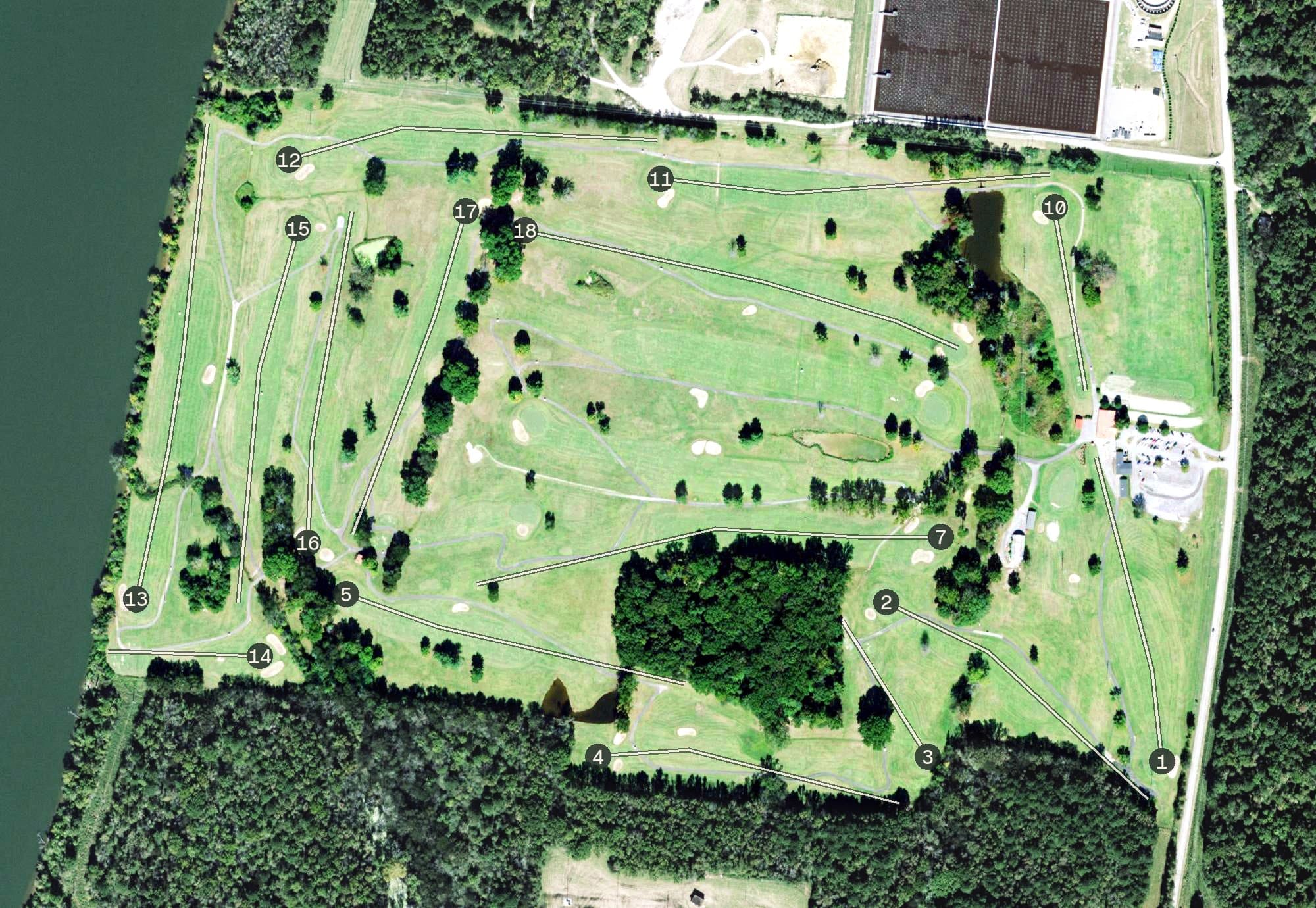 Aerial view of Moccasin Bend Golf Course, TN, with its hole routing marked