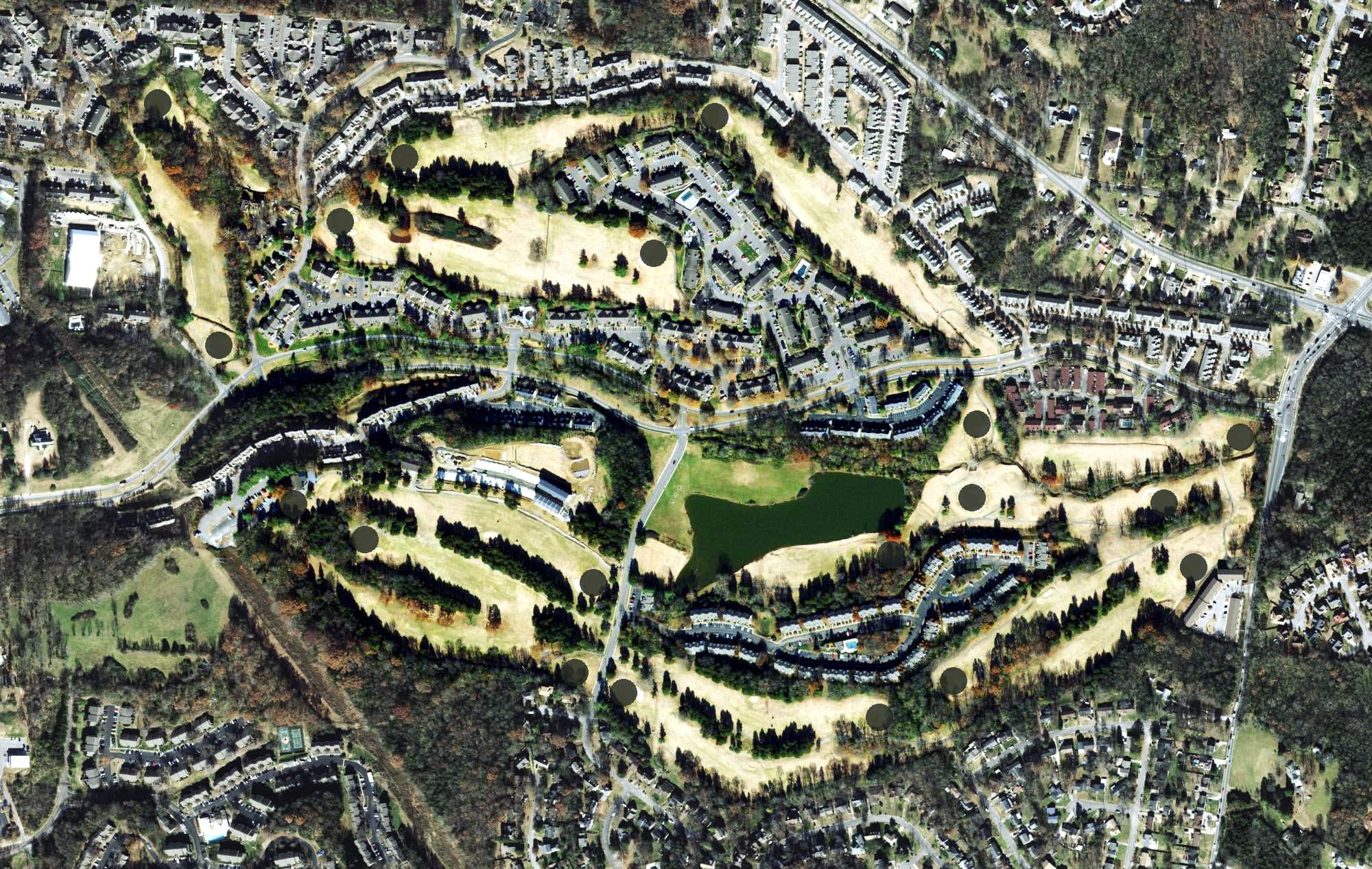 Aerial view of Nashboro Golf Club, TN, with its hole routing marked