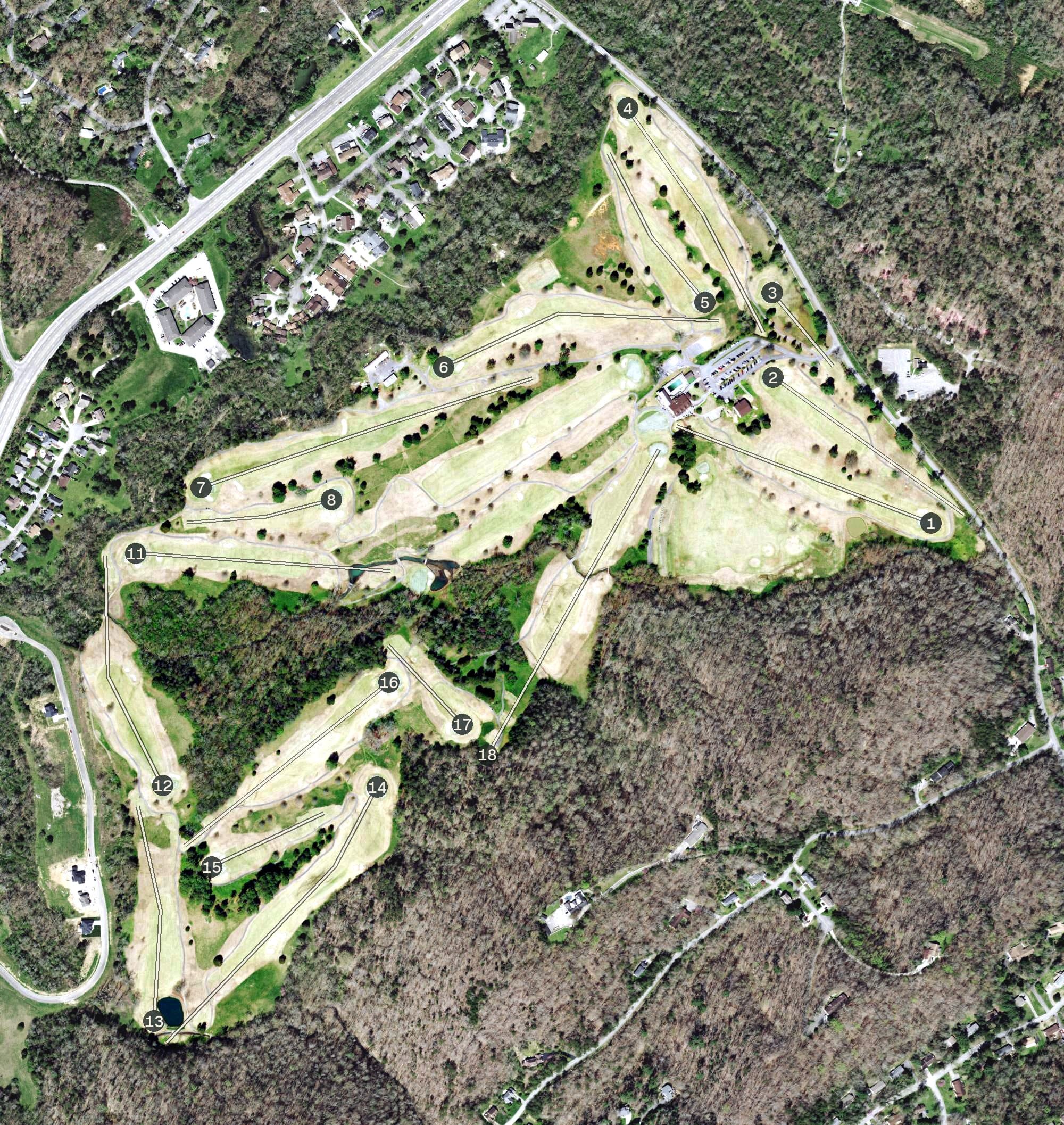 Aerial view of Oak Ridge Country Club, TN, with its hole routing marked