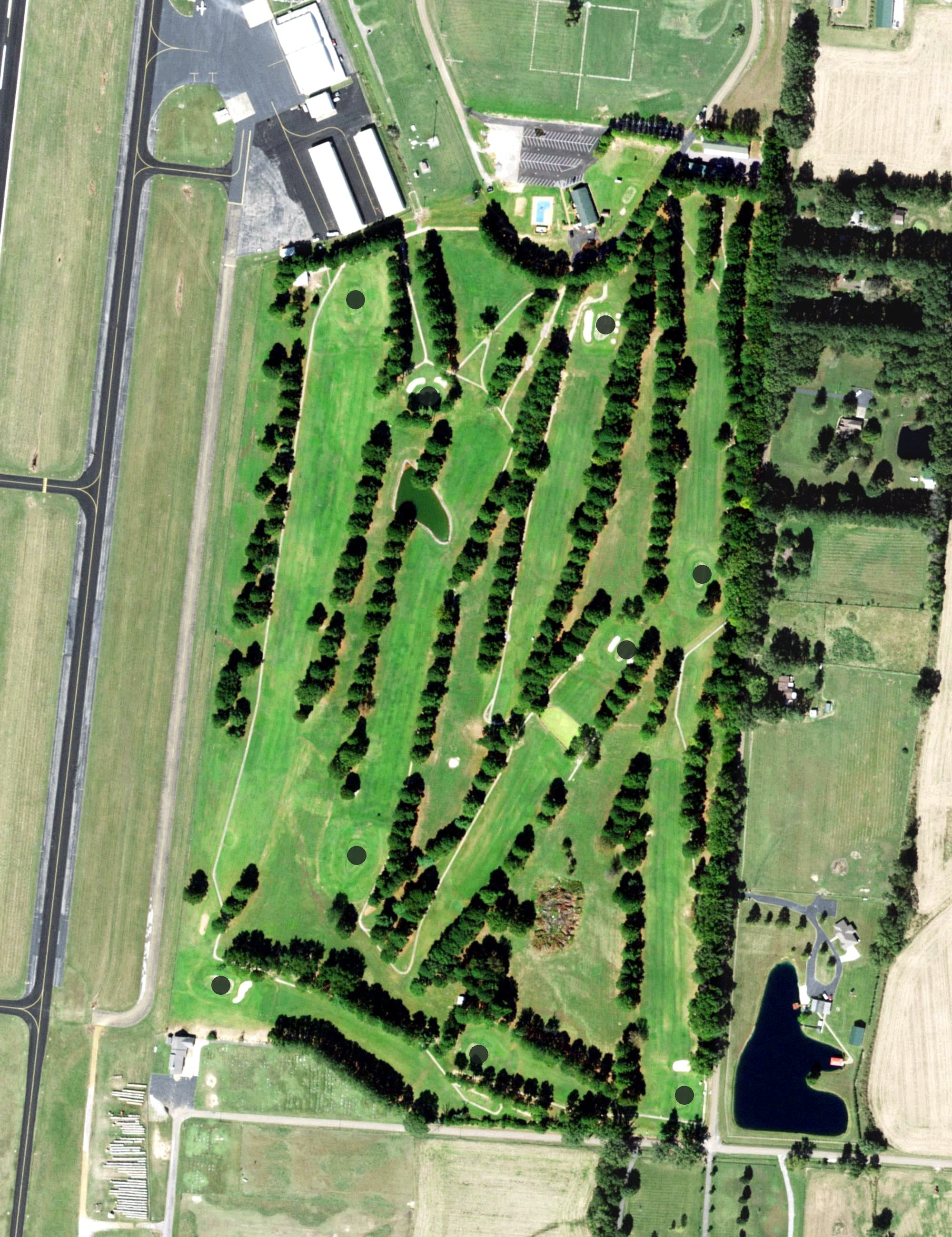 Aerial view of Poplar Meadows Country Club, TN, with its hole routing marked