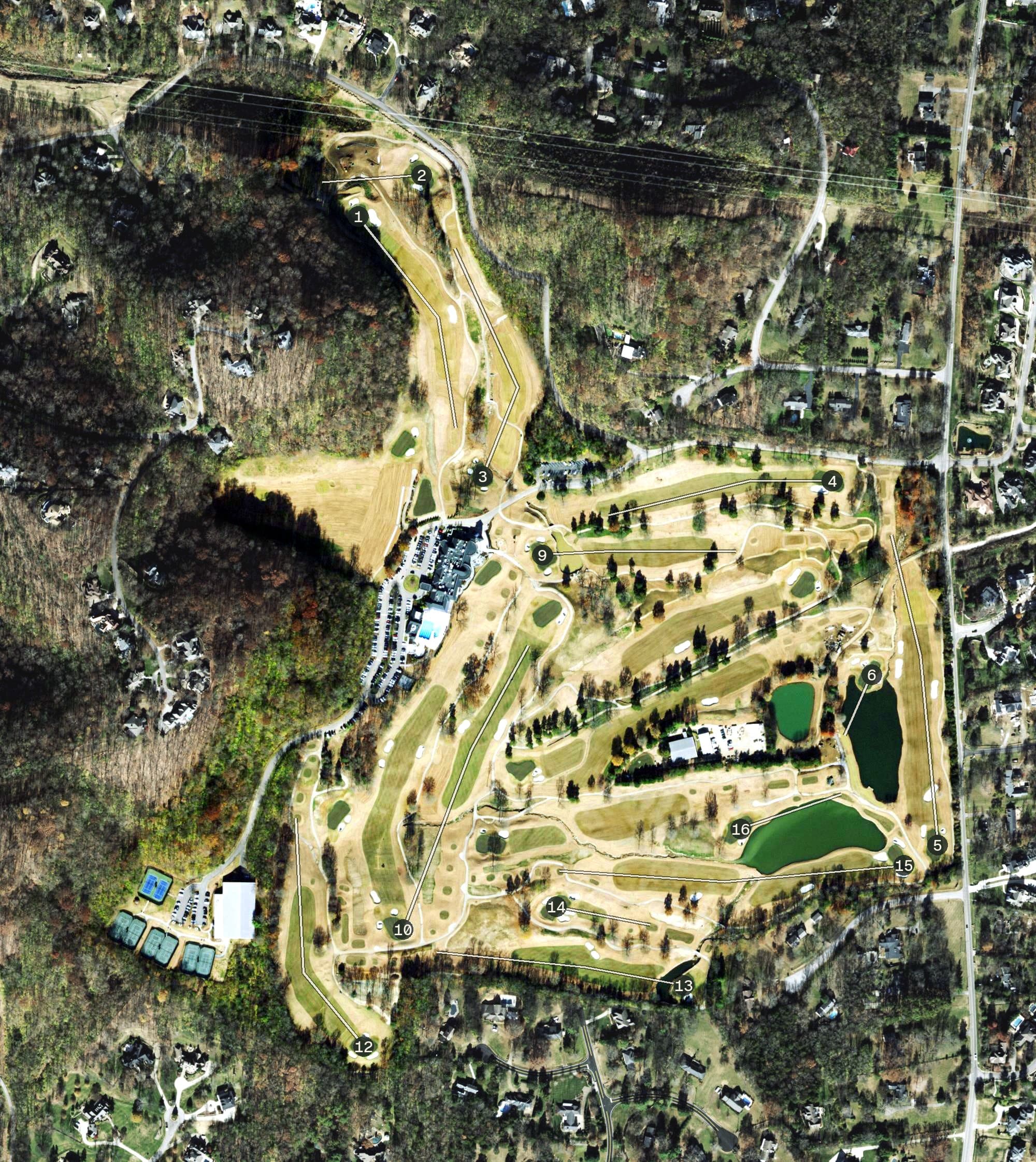 Aerial view of Richland Country Club, TN, with its hole routing marked
