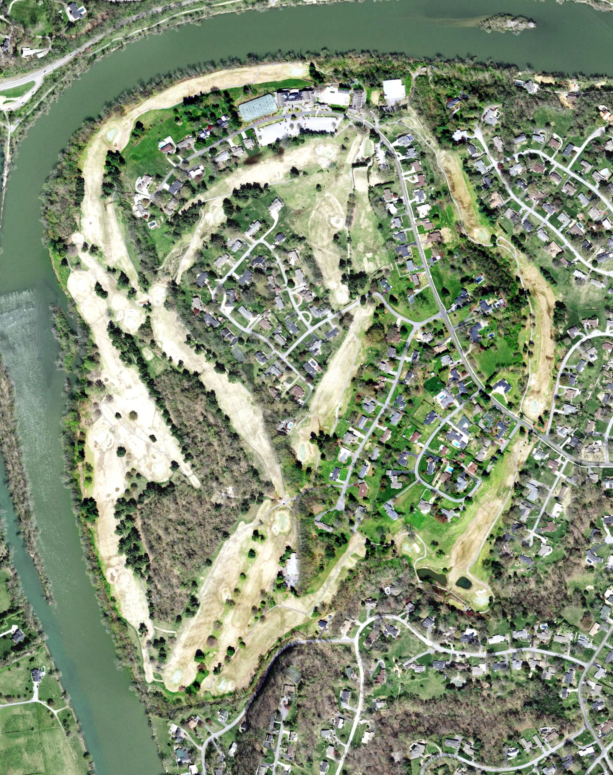 Aerial view of Ridgefields Golf & Athletic Club, TN, with its hole routing marked