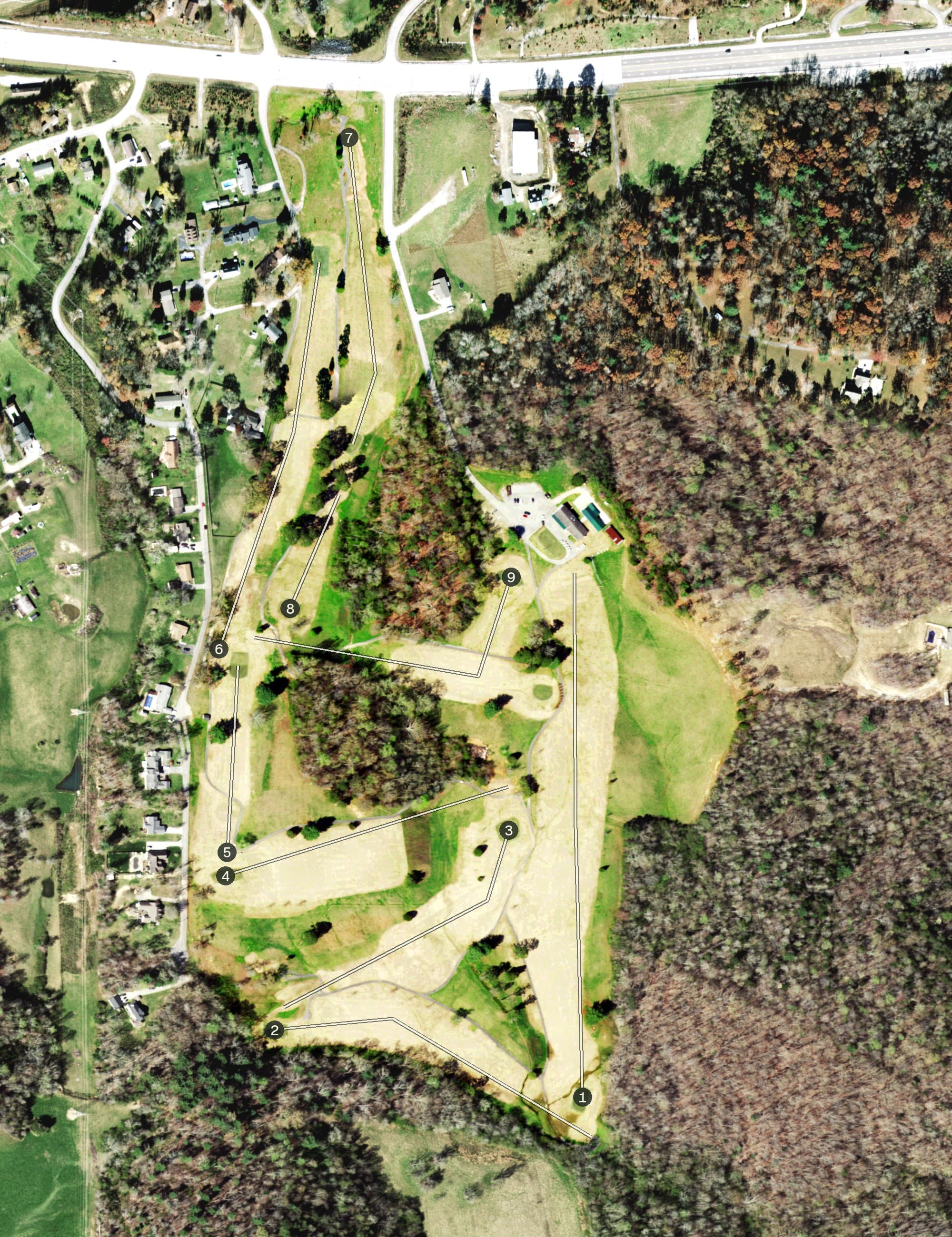 Aerial view of Rockwood Golf Course, TN, with its hole routing marked
