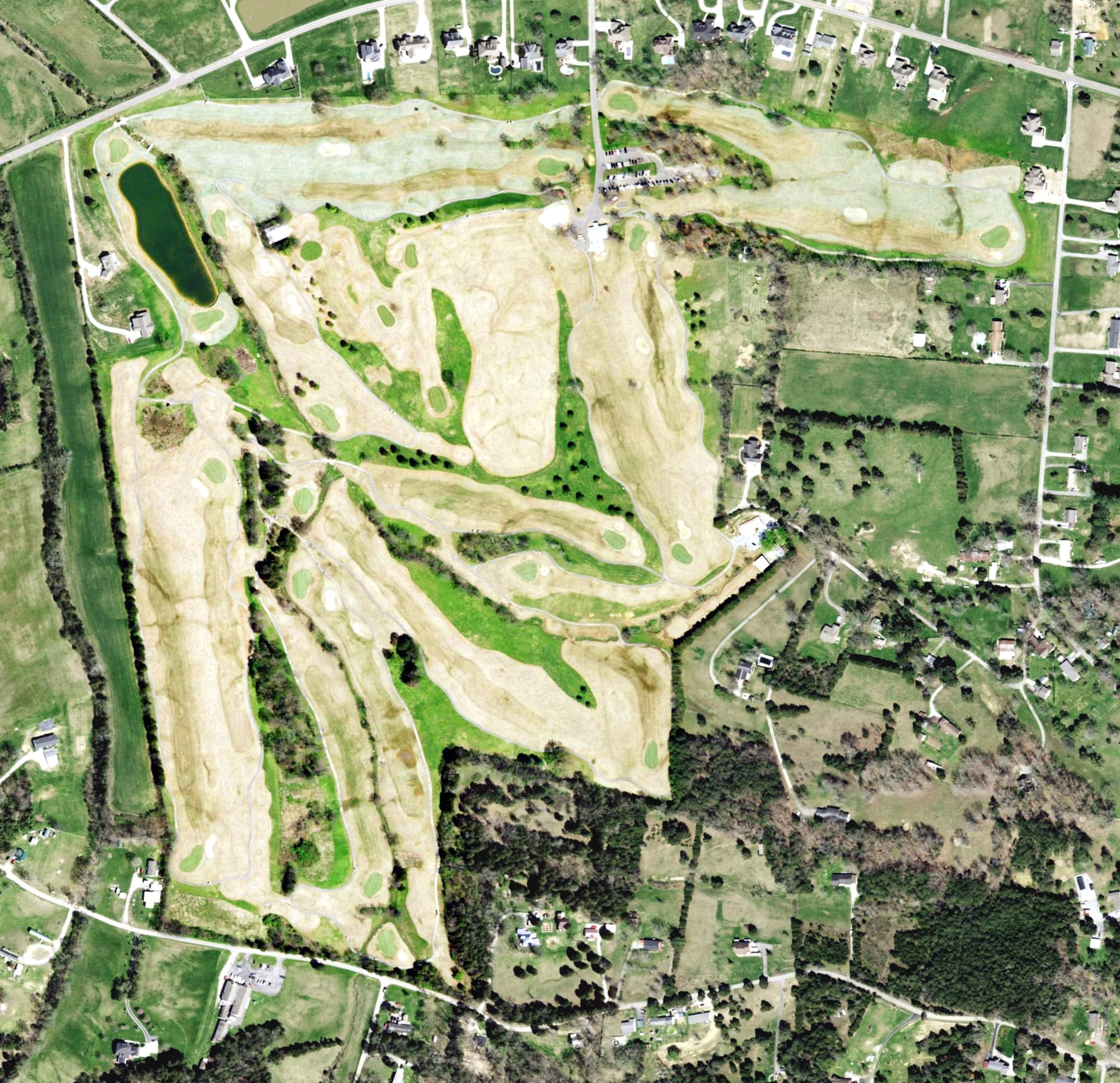 Aerial view of Ruggles Ferry Golf Course, TN, with its hole routing marked