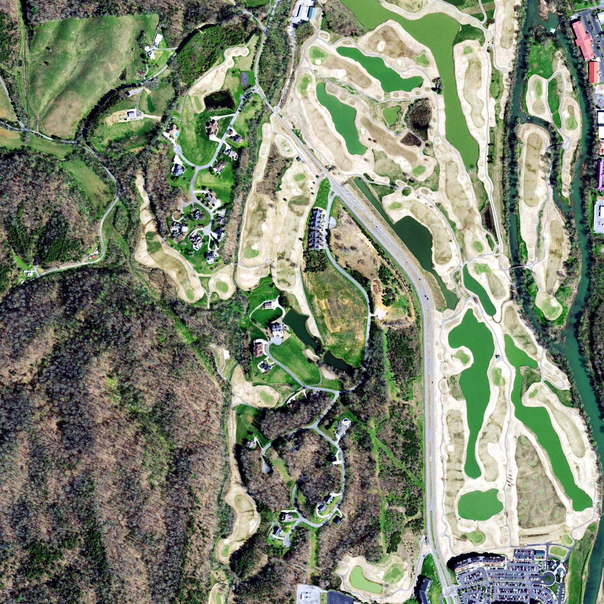 Aerial view of Sevierville Golf Club, TN, with its hole routing marked