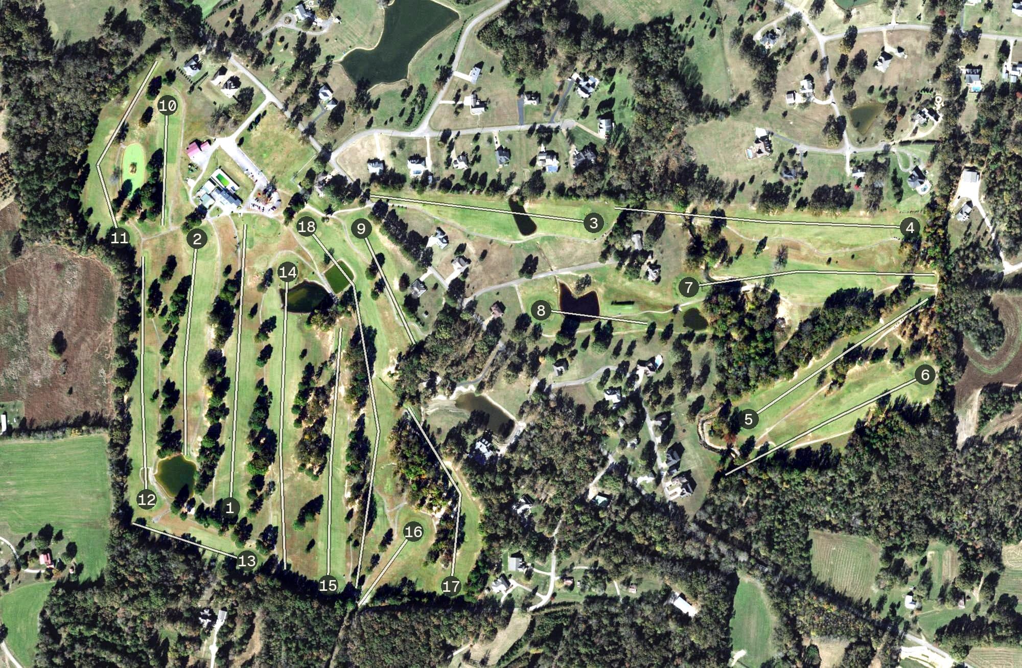 Aerial view of Shiloh Golf Course, TN, with its hole routing marked