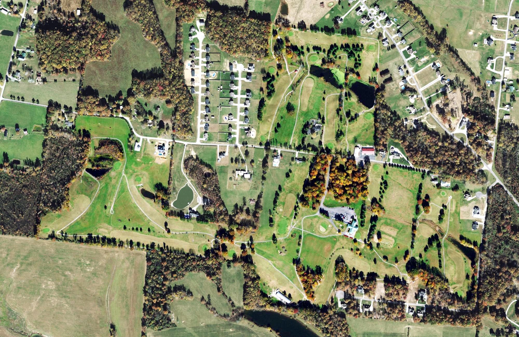 Aerial view of Southern Hills Golf Course, TN, with its hole routing marked
