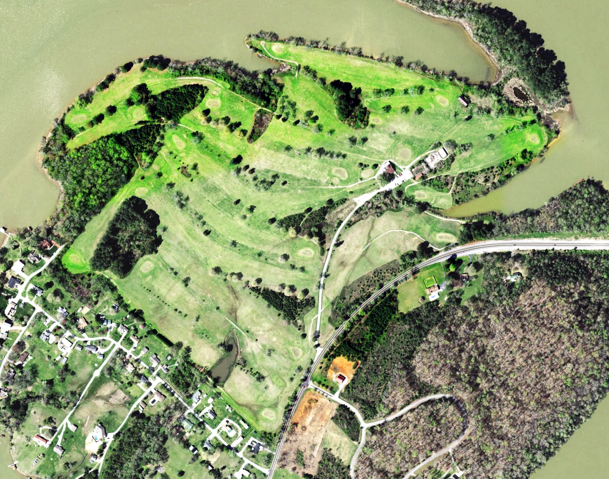 Aerial view of Southwest Point Golf Course, TN, with its hole routing marked