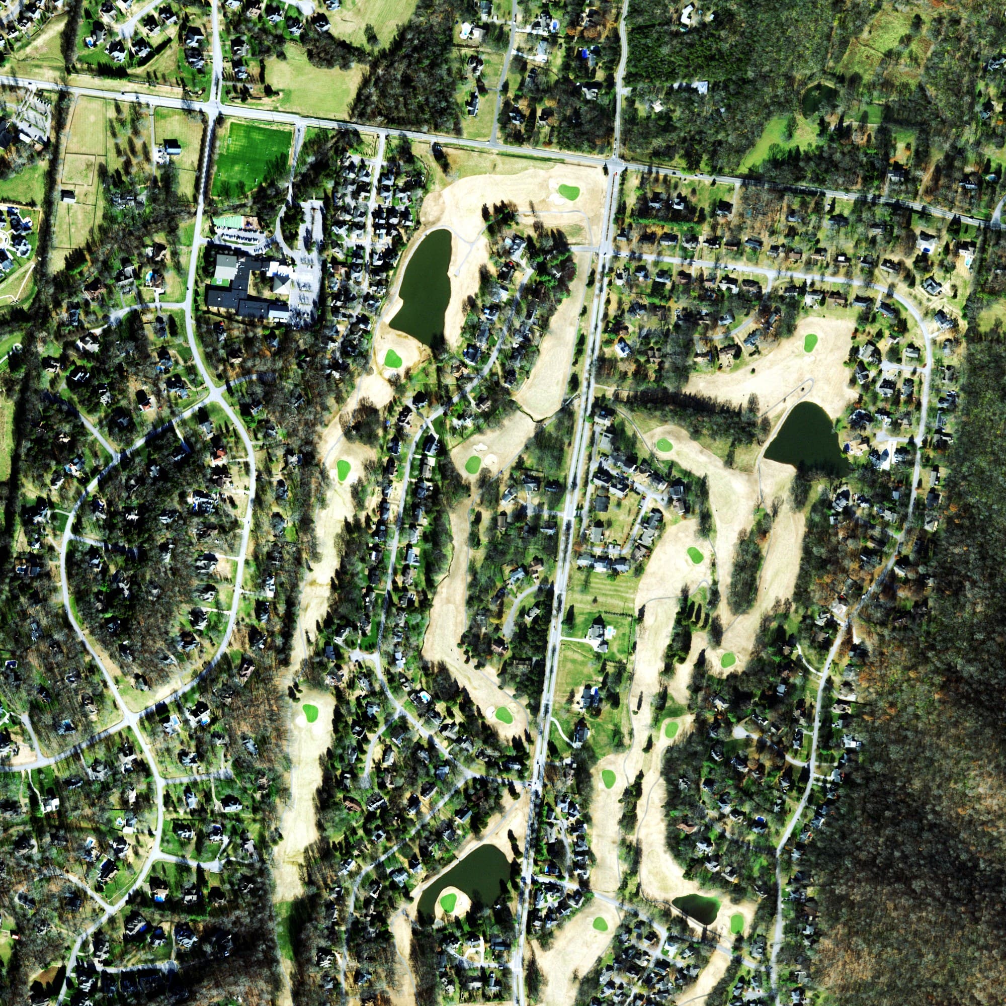 Aerial view of Temple Hills Golf Course, TN, with its hole routing marked