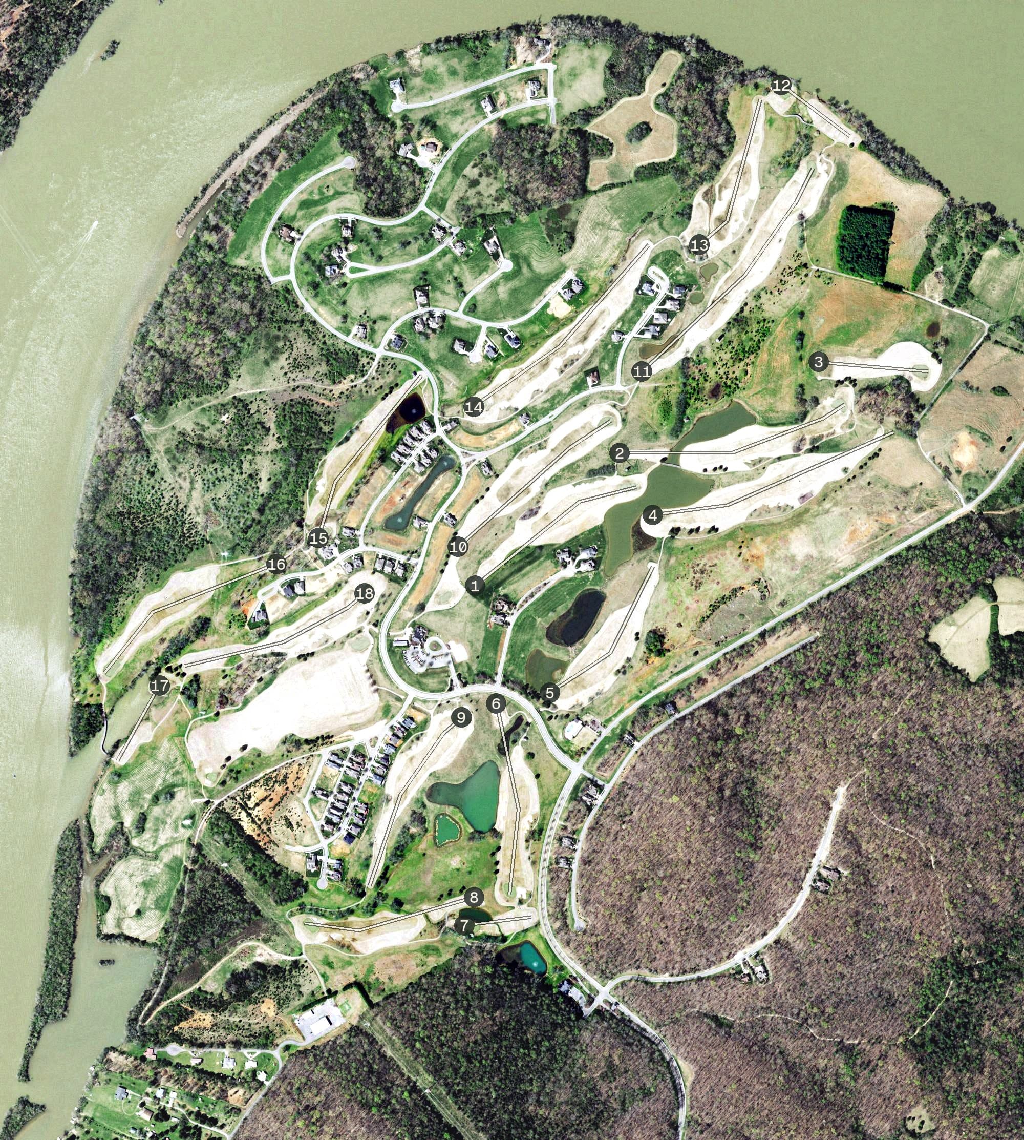 Aerial view of Tennessee National Golf Club, TN, with its hole routing marked