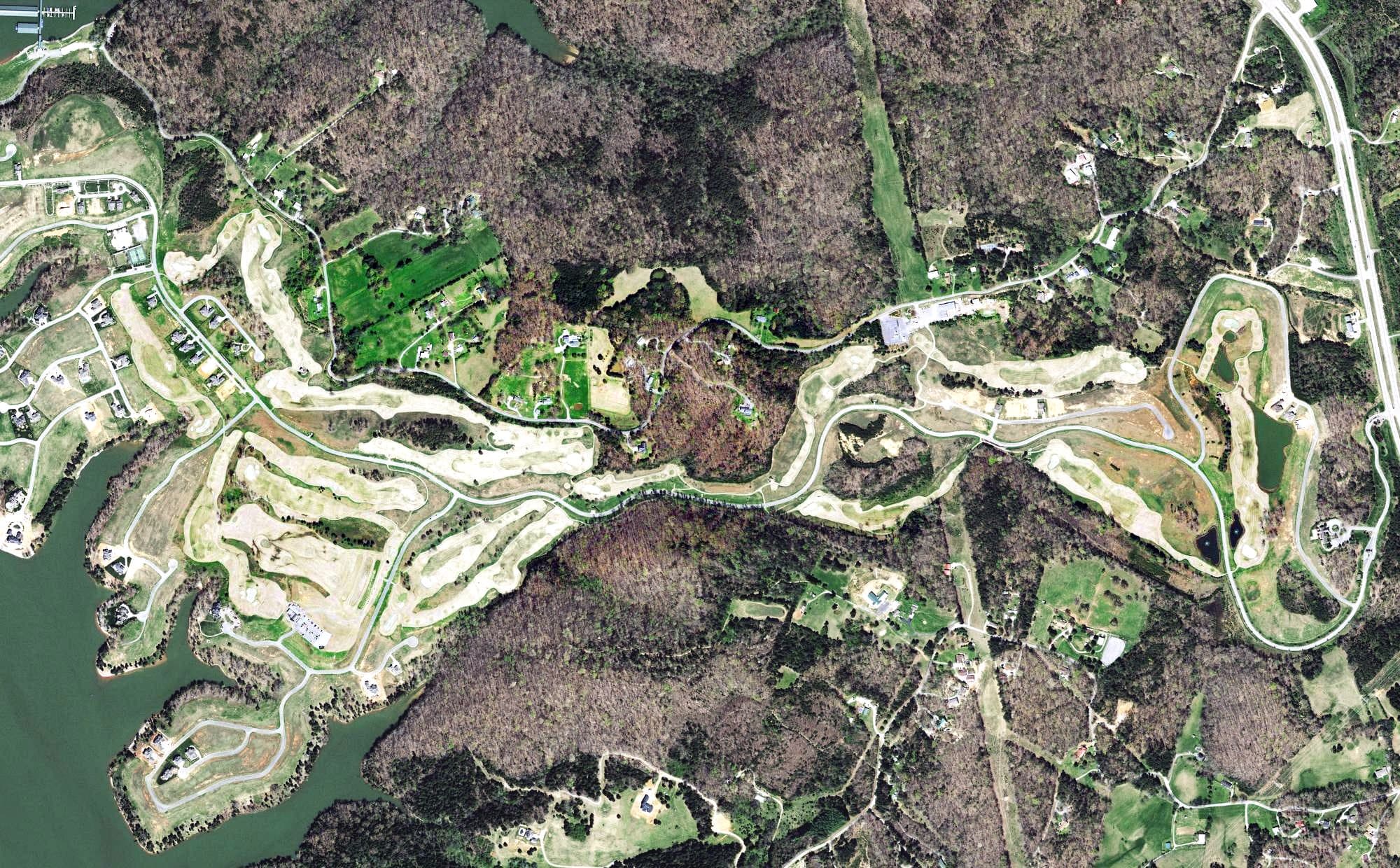 Aerial view of The Golf Club at WindRiver, TN, with its hole routing marked