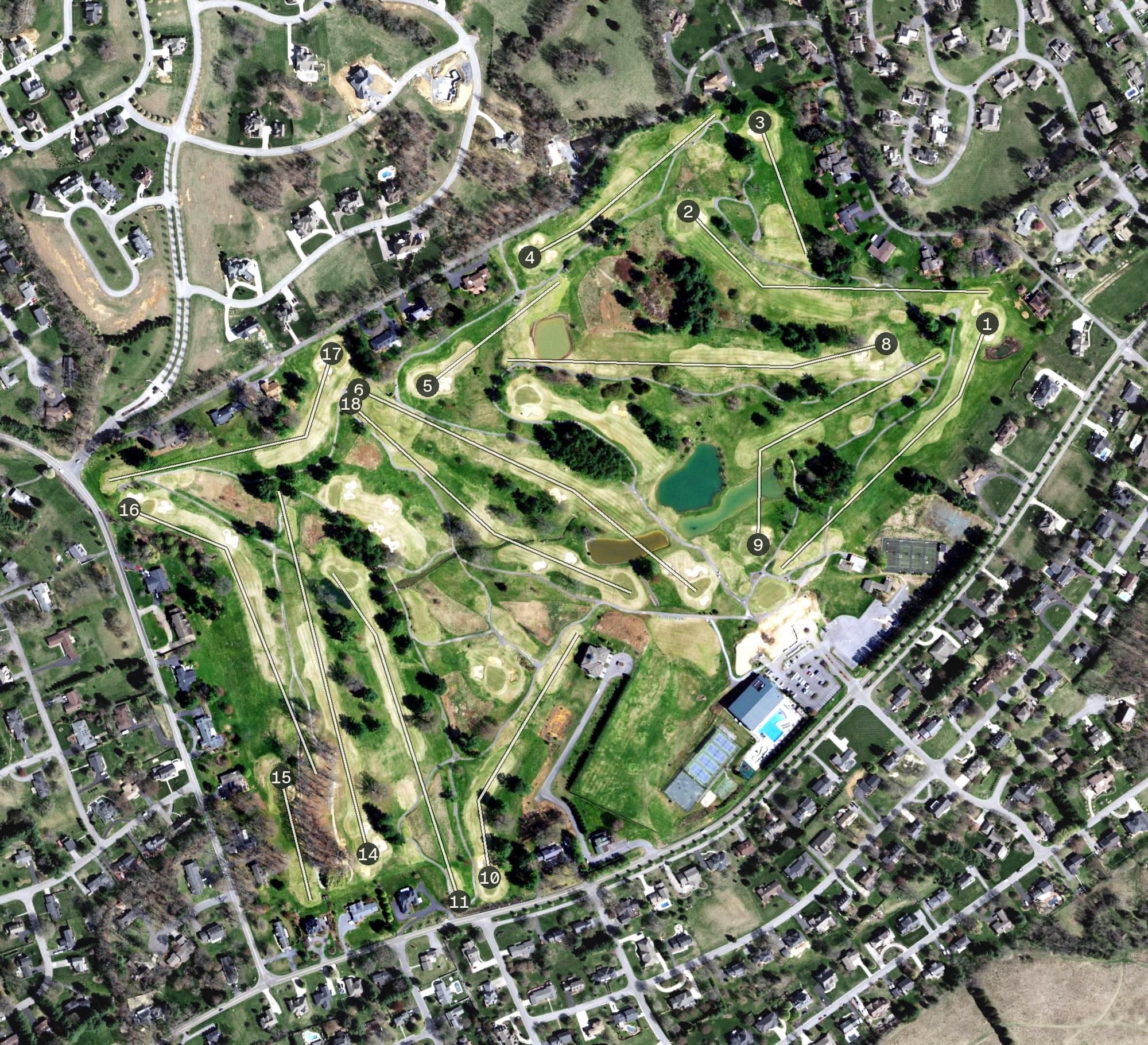 Aerial view of The Golf Club of Bristol, TN, with its hole routing marked
