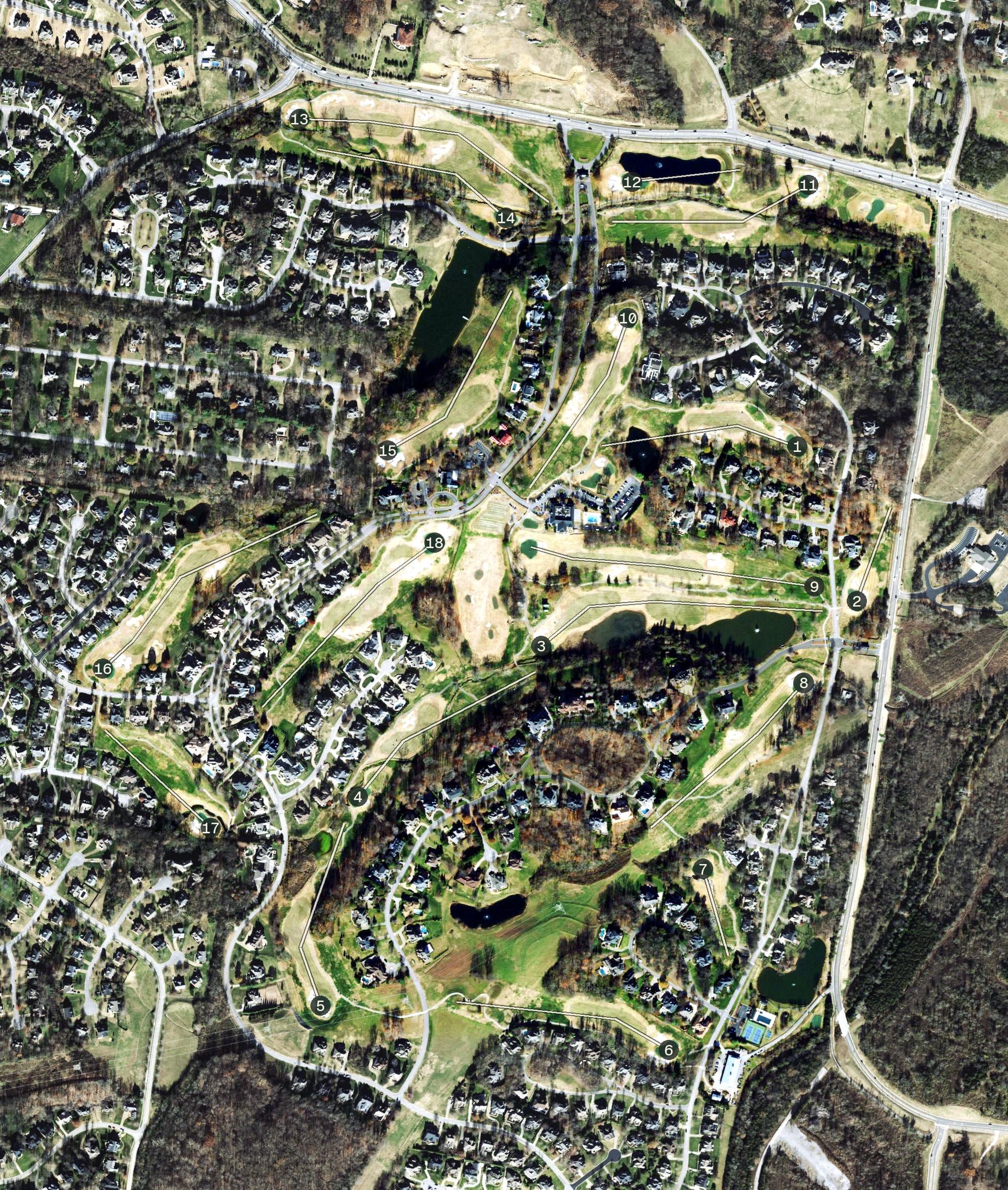 Aerial view of The Governors Club, TN, with its hole routing marked