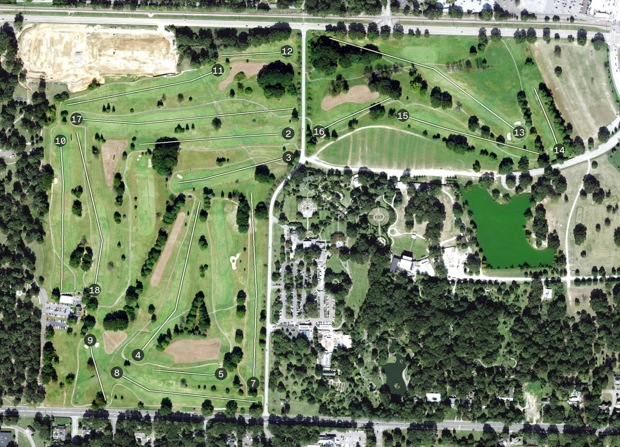 Aerial view of The Links at Audubon, TN, with its hole routing marked