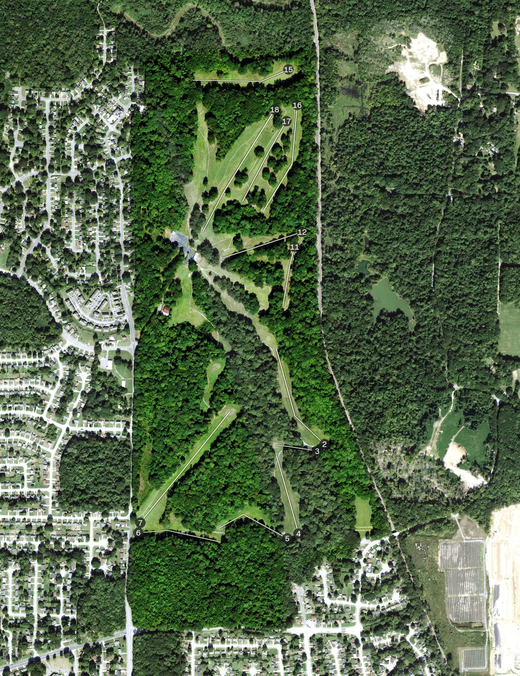 Aerial view of The Links at Davy Crockett, TN, with its hole routing marked