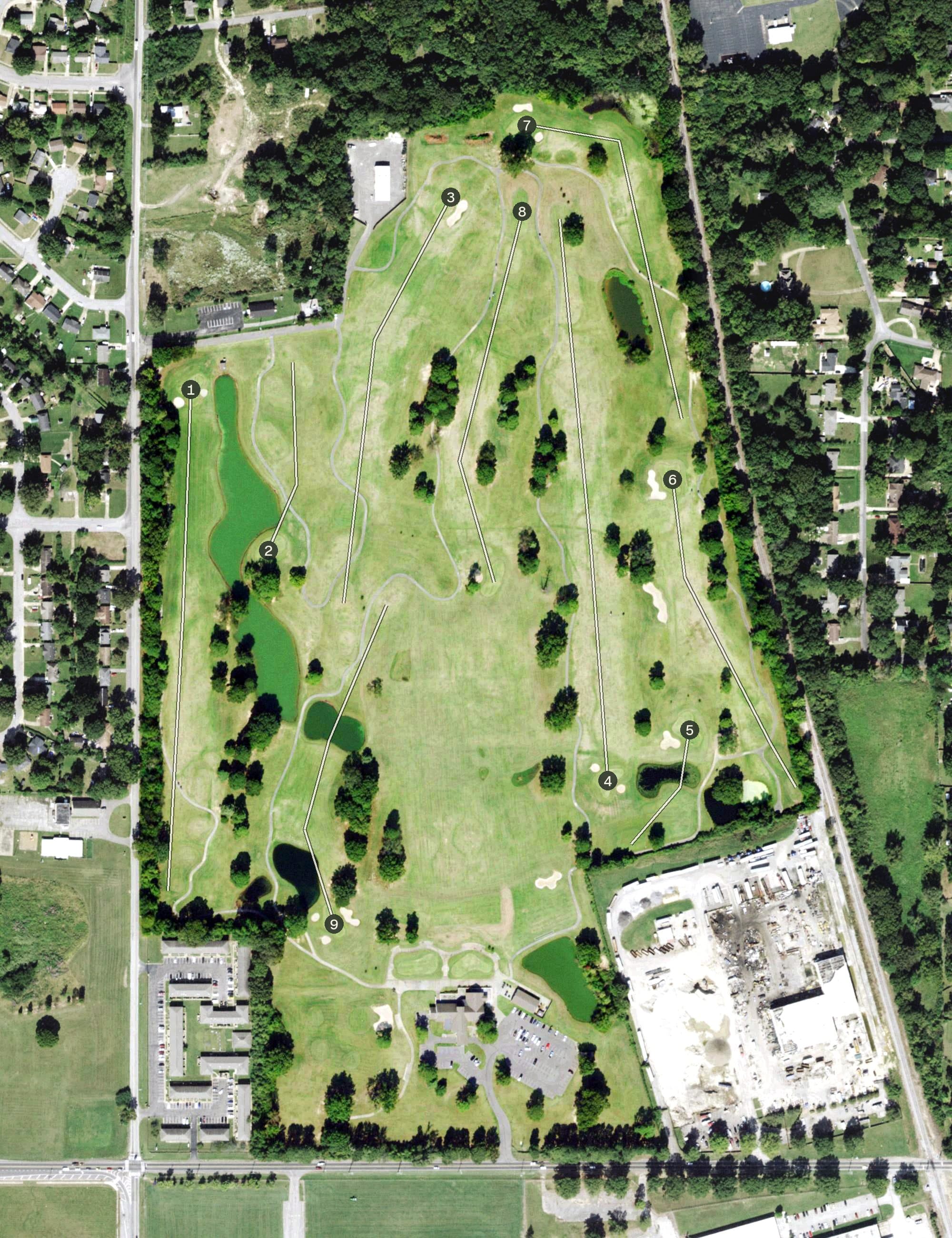 Aerial view of The Links at Whitehaven, TN, with its hole routing marked
