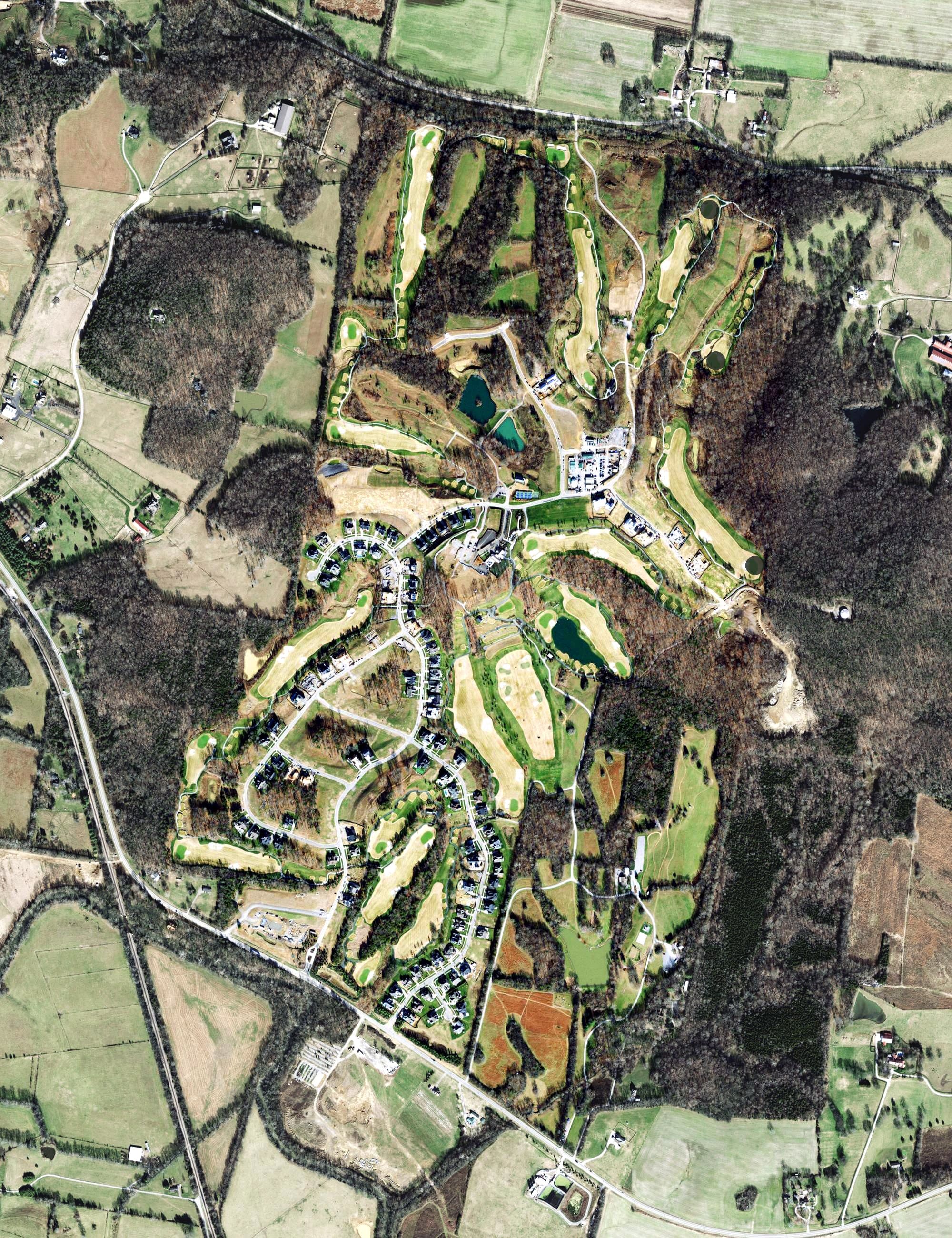 Aerial view of Troubadour Golf and Field Club, TN, with its hole routing marked
