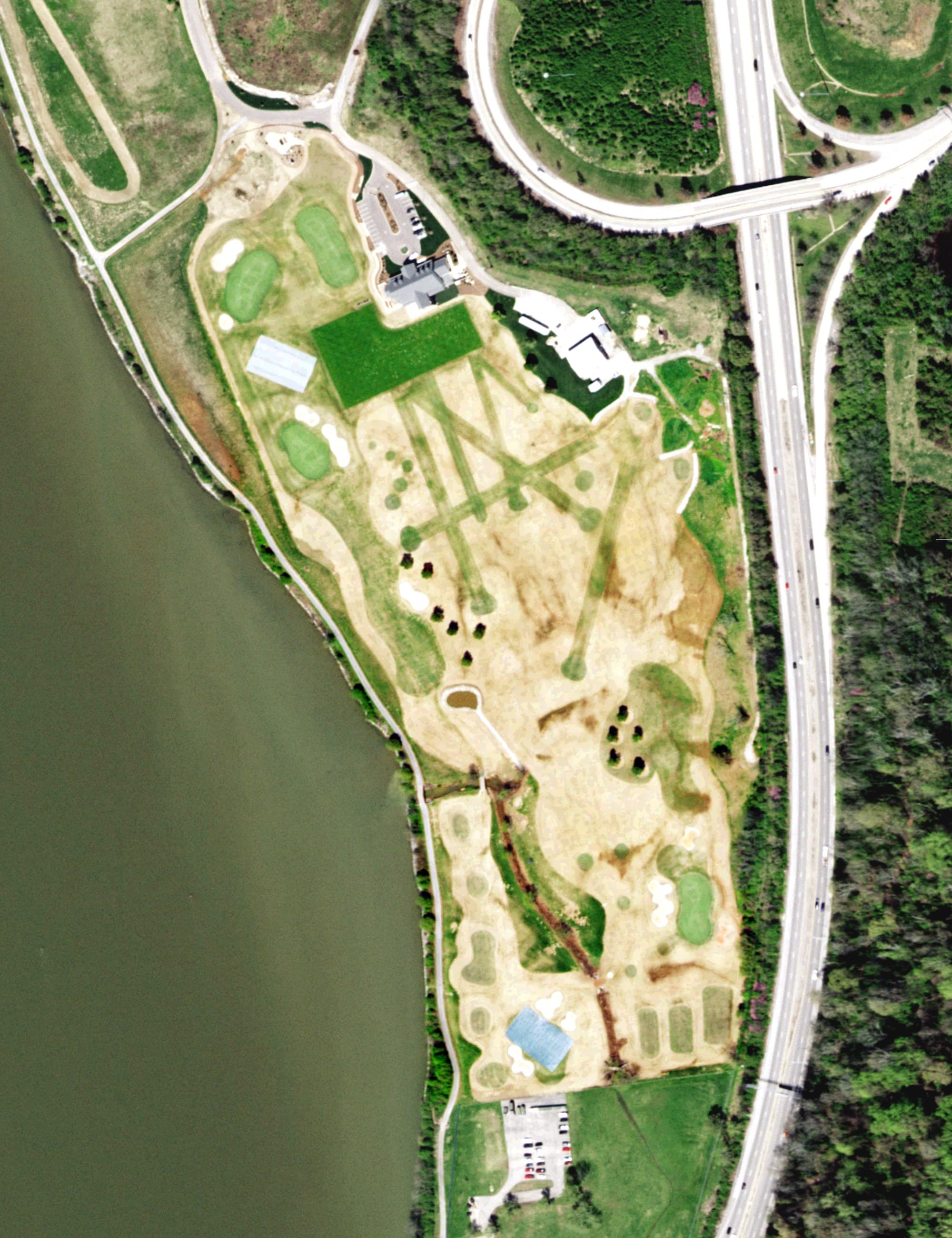 Aerial view of UT Day Golf Practice Facility, TN, with its hole routing marked