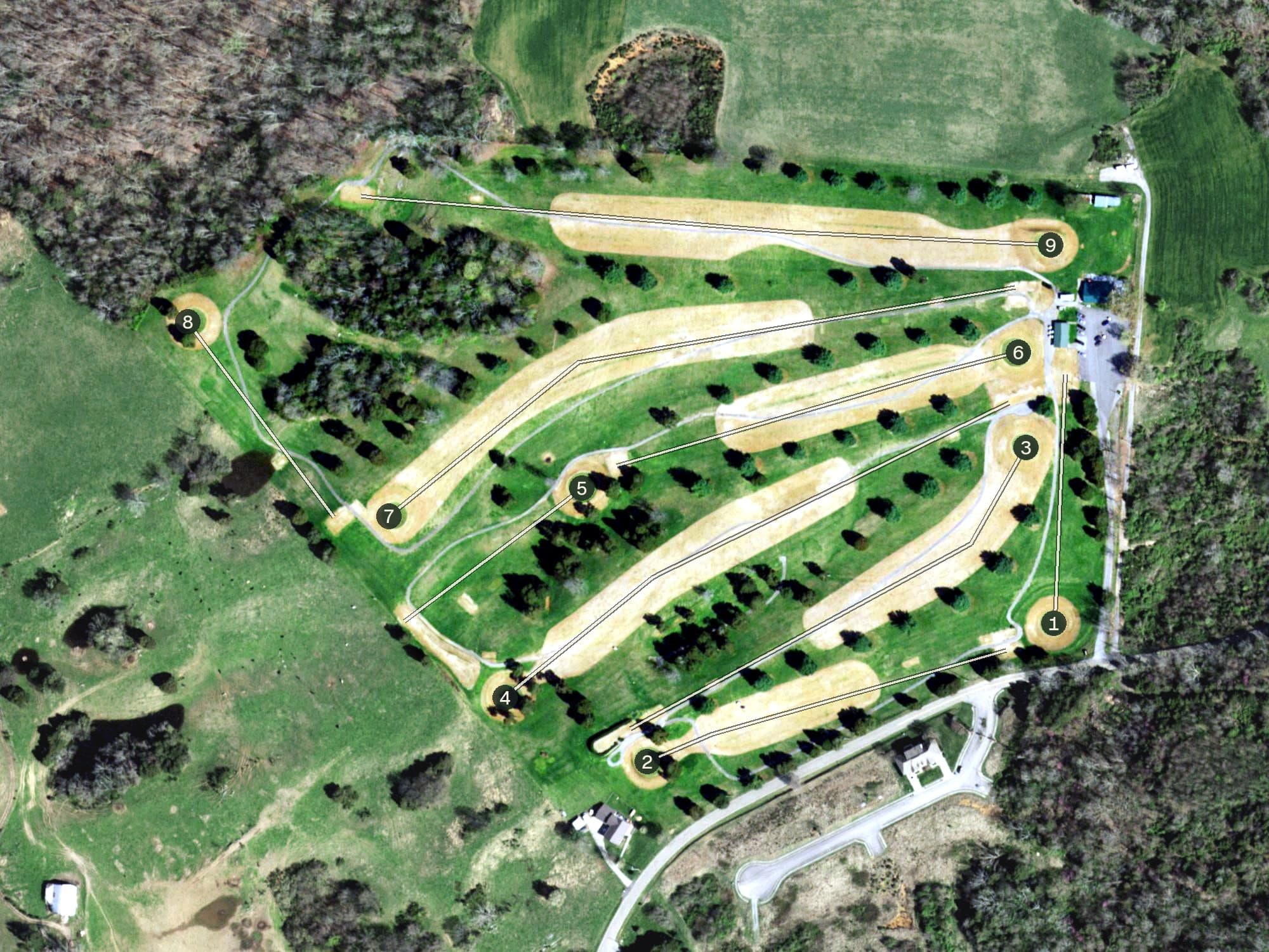 Aerial view of Valley Ridge Golf Course, TN, with its hole routing marked