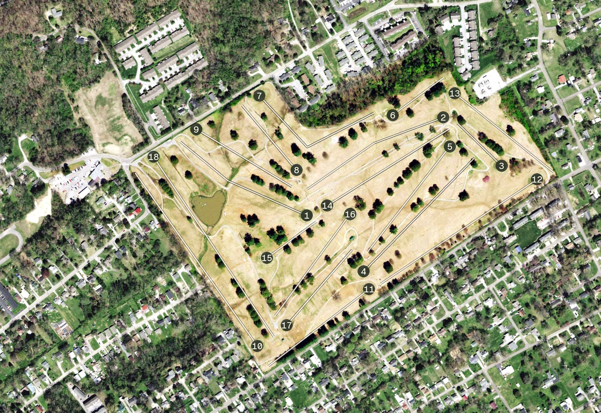Aerial view of Whittle Springs Golf Course, TN, with its hole routing marked