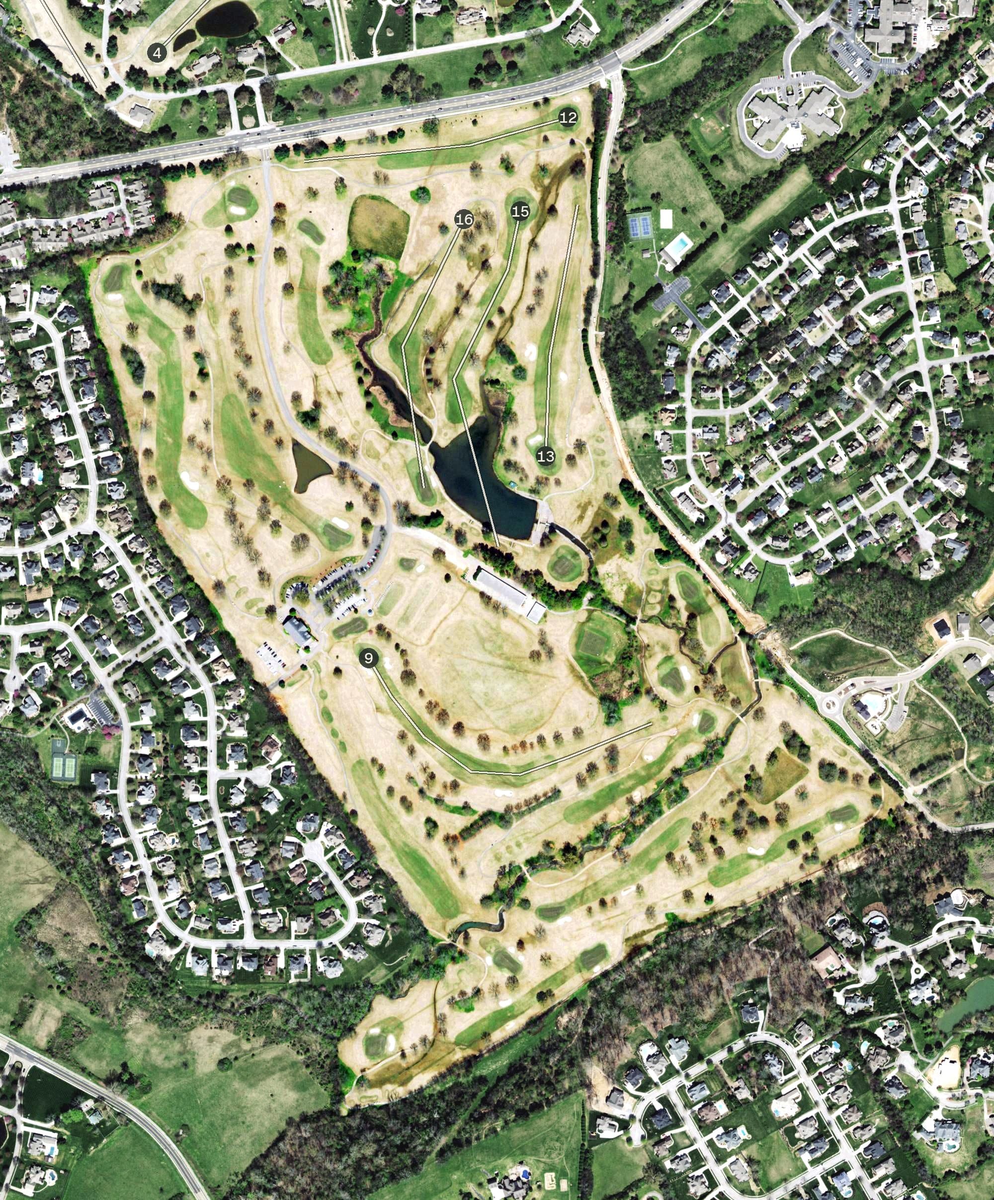 Aerial view of Willow Creek Golf Club, TN, with its hole routing marked