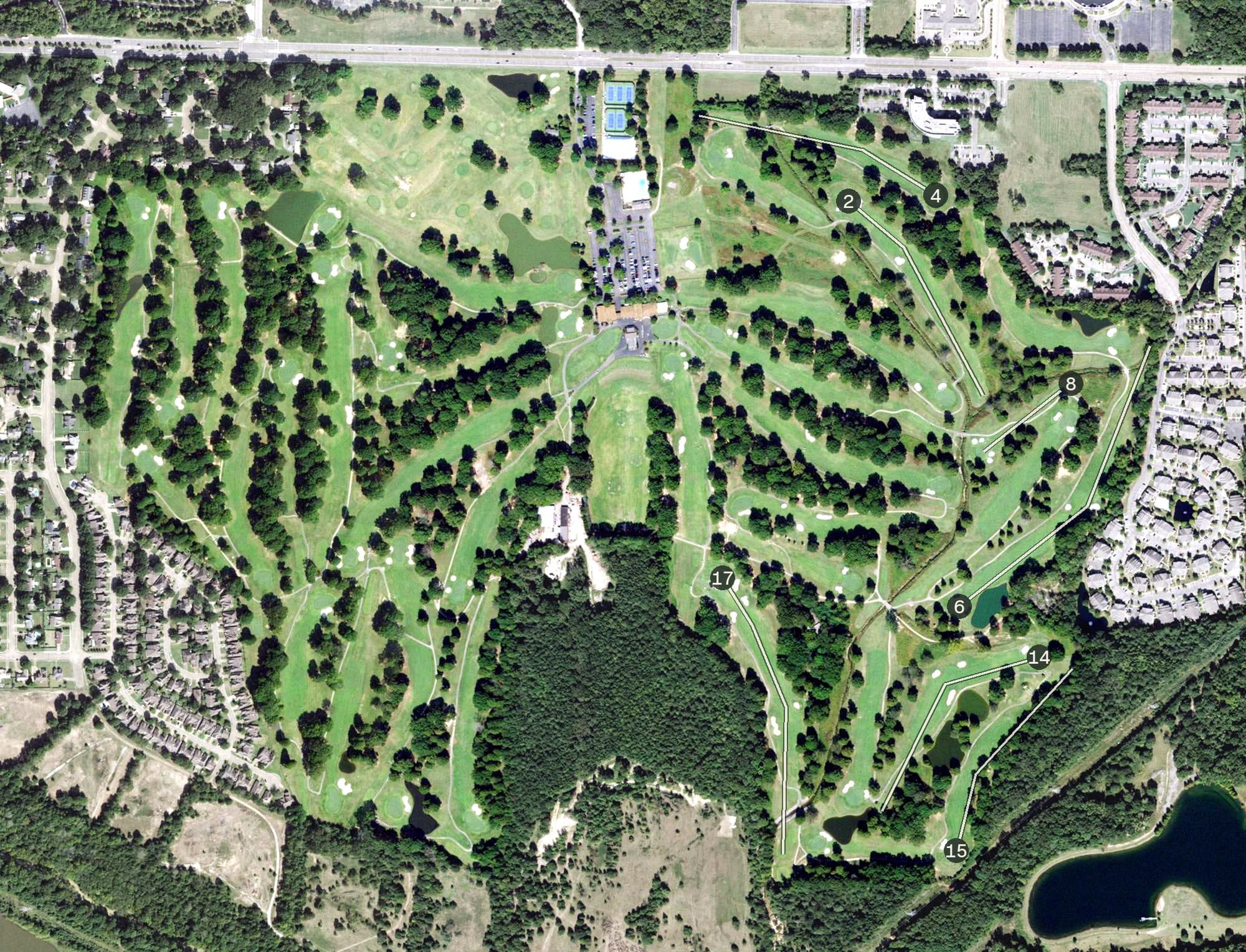 Aerial view of Windyke Country Club, TN, with its hole routing marked