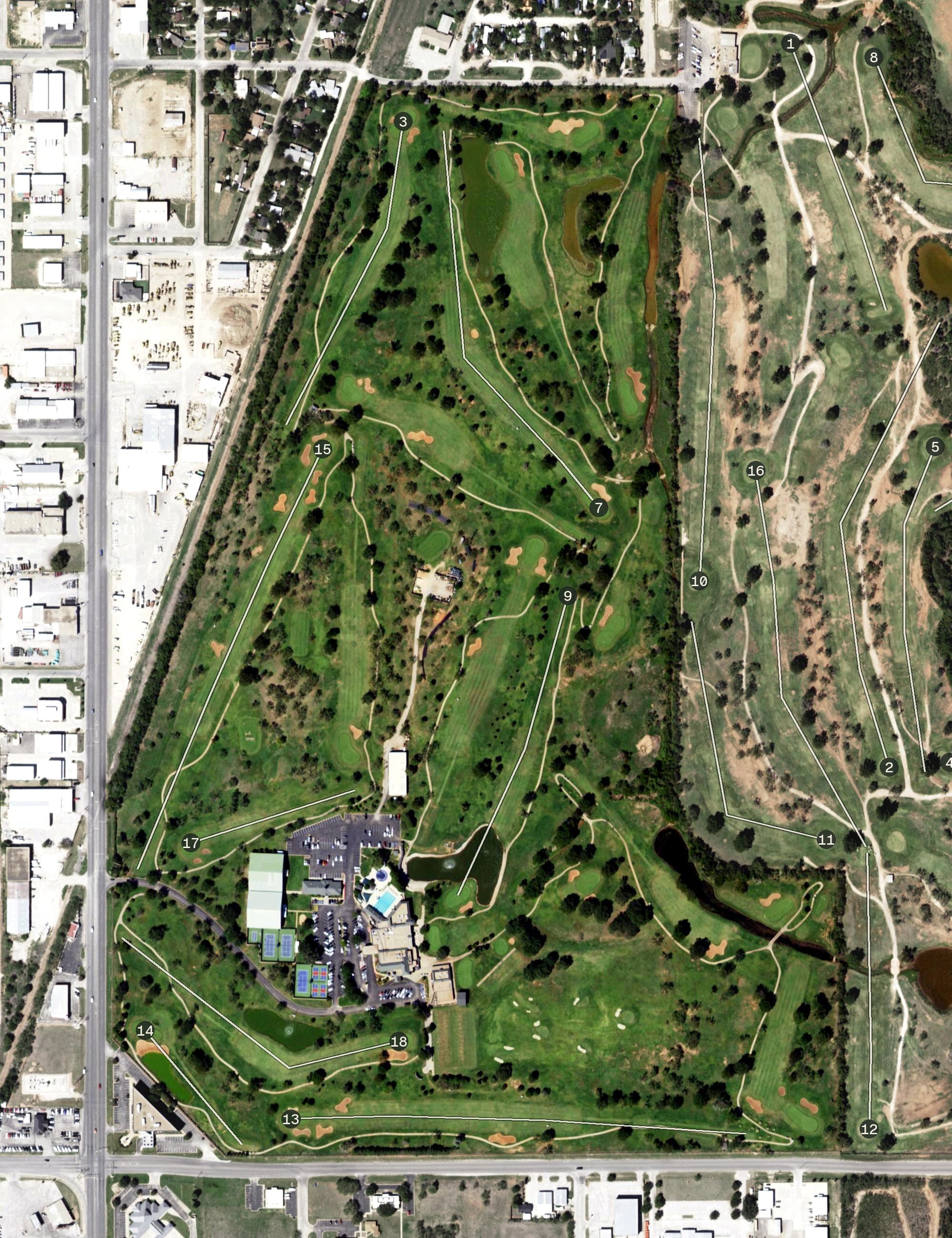 Aerial view of Abilene Country Club North Course, TX, with its hole routing marked