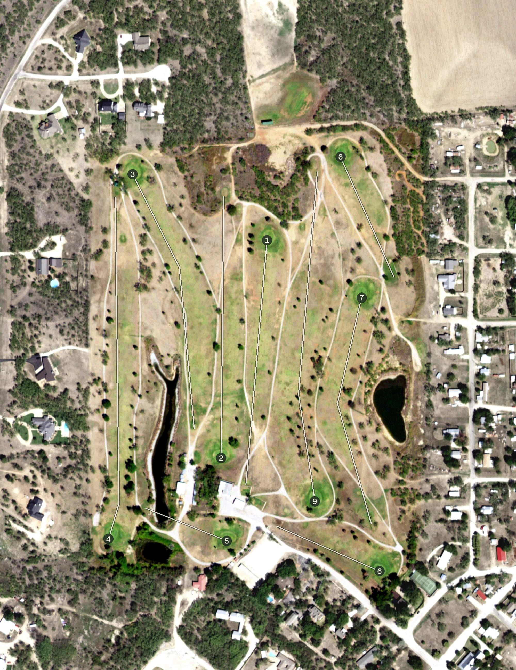 Aerial view of Albany Golf Club, TX, with its hole routing marked