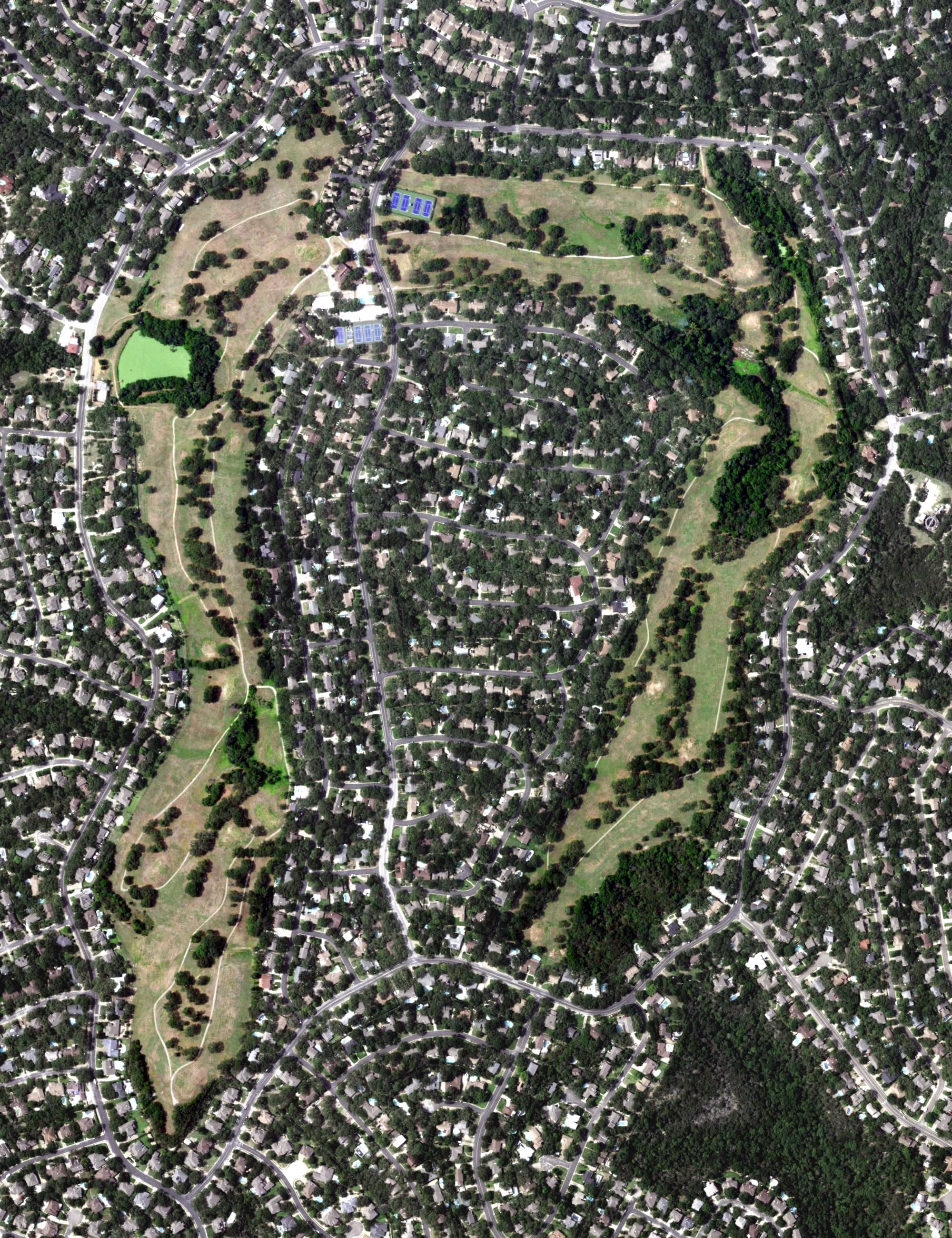Aerial view of Balcones Country Club, TX, with its hole routing marked