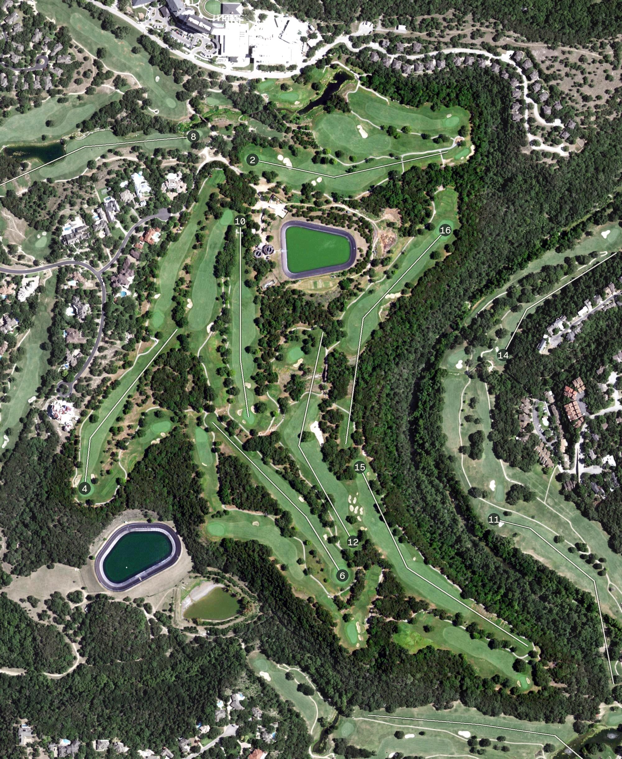 Aerial view of Barton Creek Crenshaw Cliffside, TX, with its hole routing marked