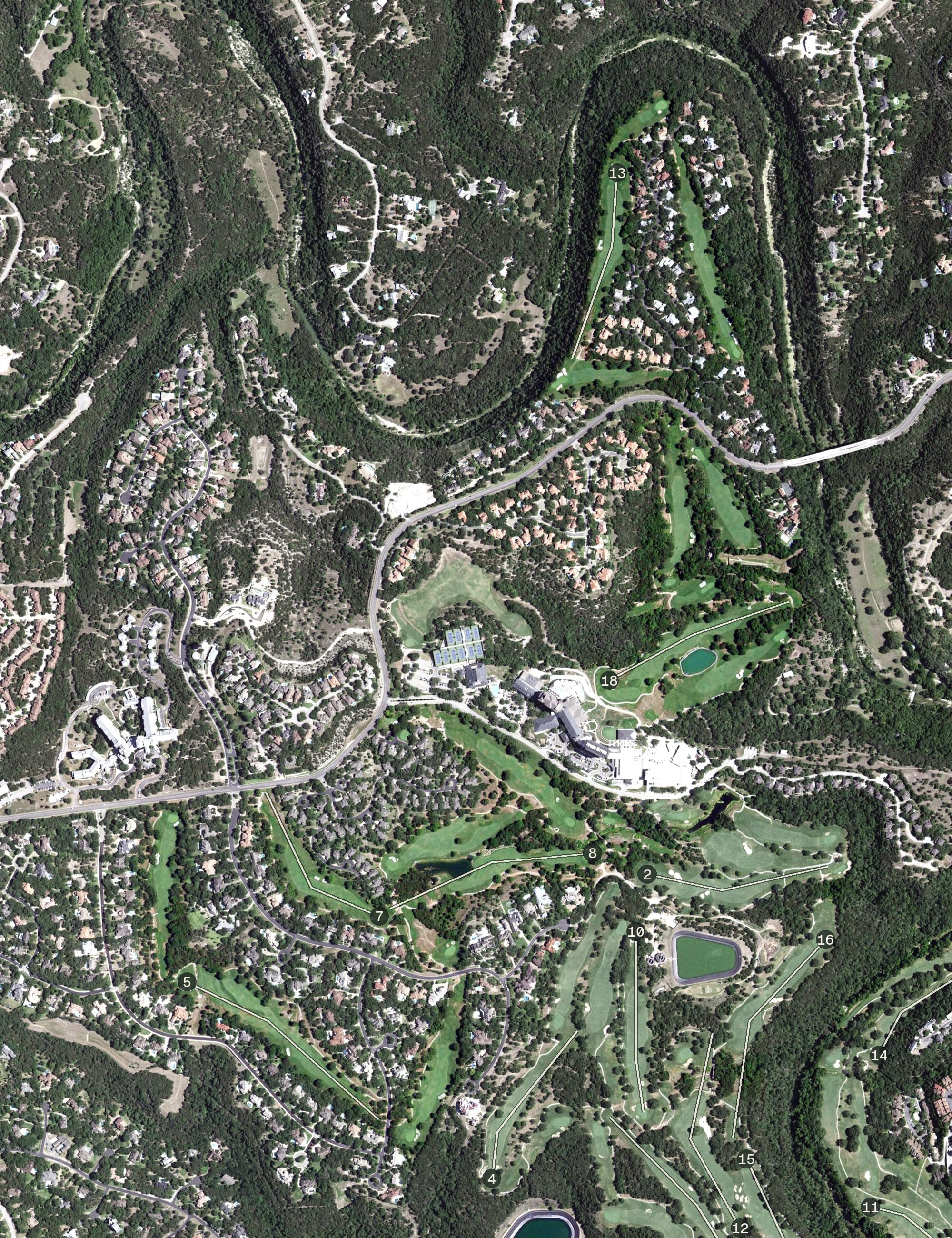 Aerial view of Barton Creek Fazio Foothills, TX, with its hole routing marked