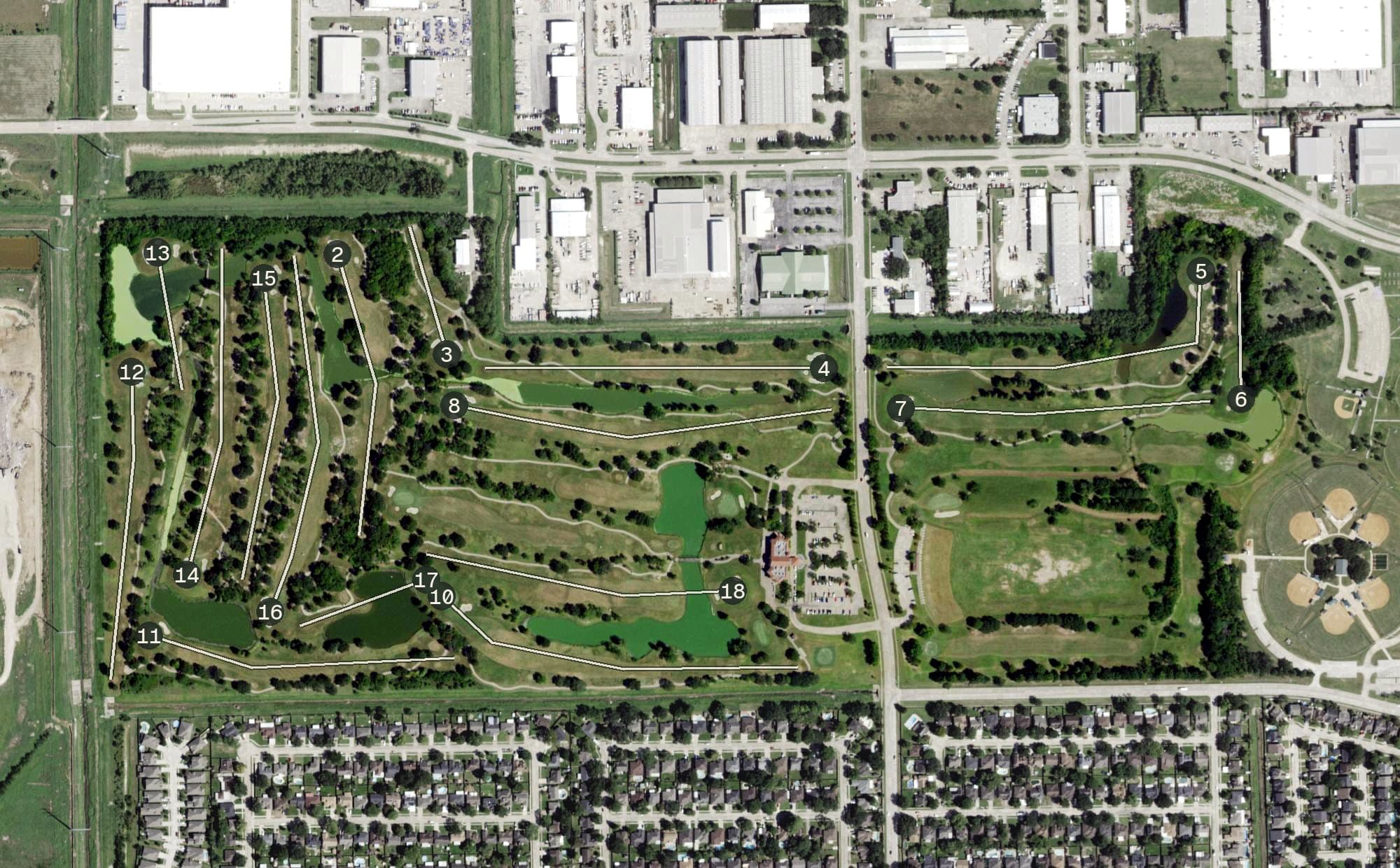 Aerial view of Battleground Golf Course at Deer Park, TX, with its hole routing marked
