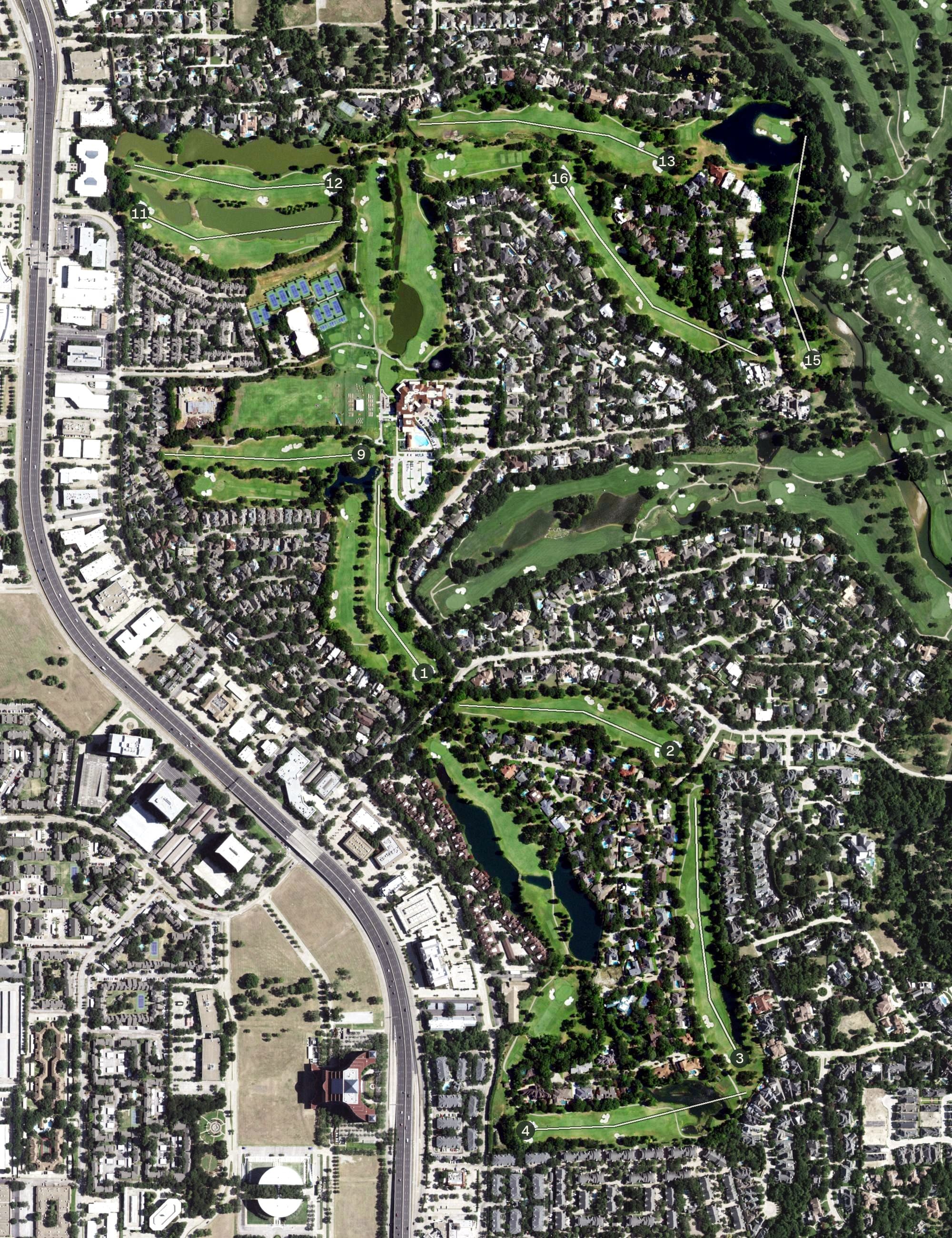 Aerial view of Bent Tree Country Club, TX, with its hole routing marked