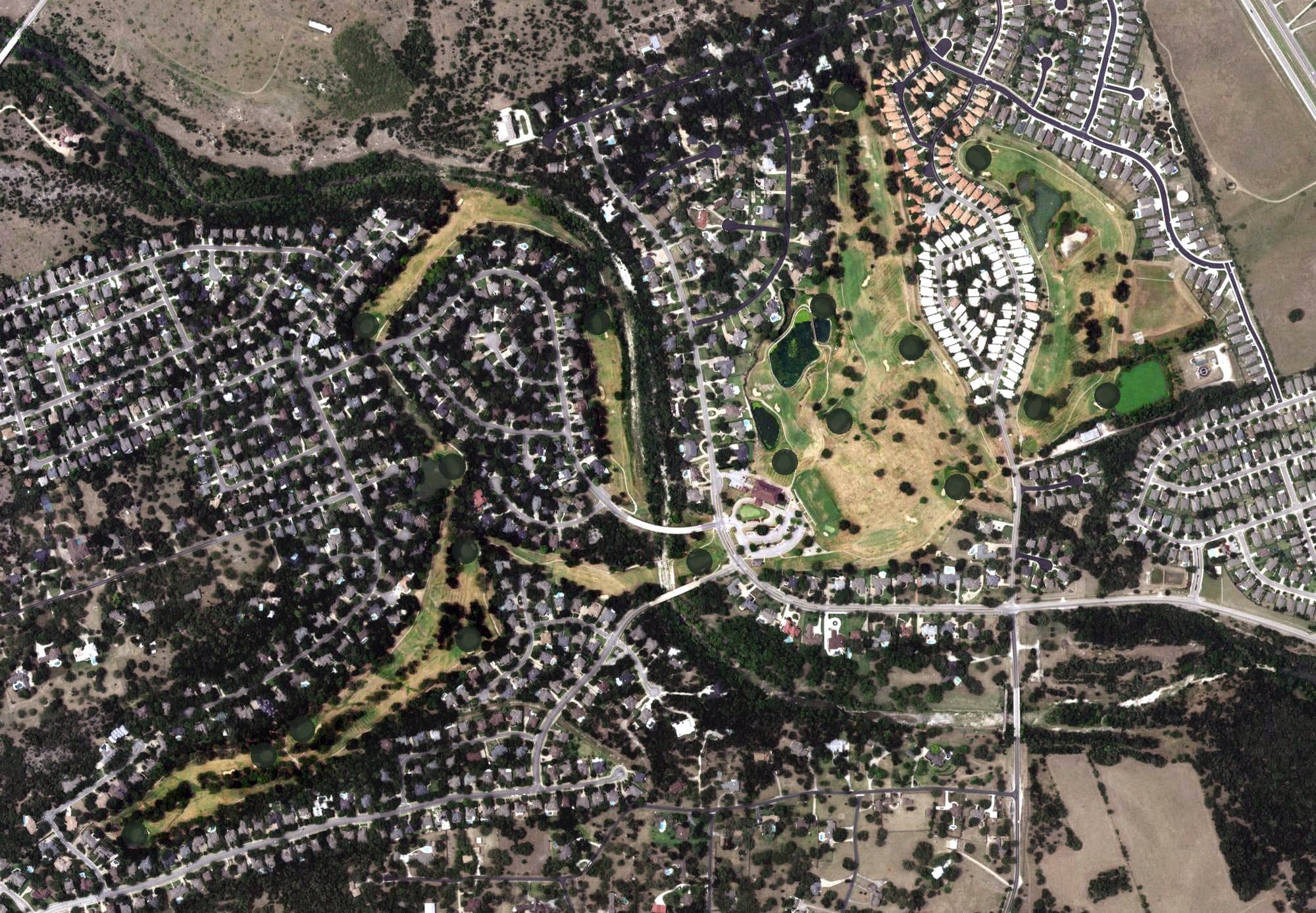 Aerial view of Berry Creek Country Club, TX, with its hole routing marked