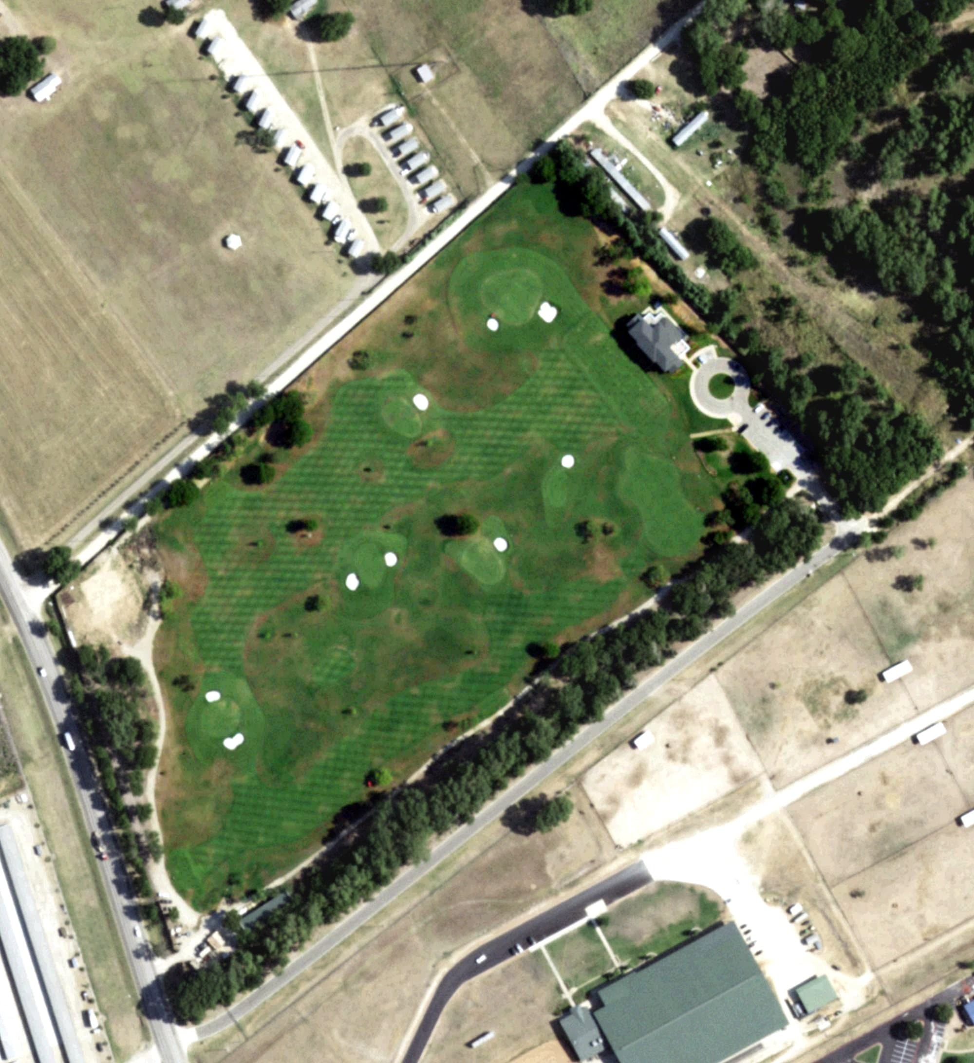 Aerial view of Billy W. Williams Golf Practice Facility and Clubhouse, TX, with its hole routing marked