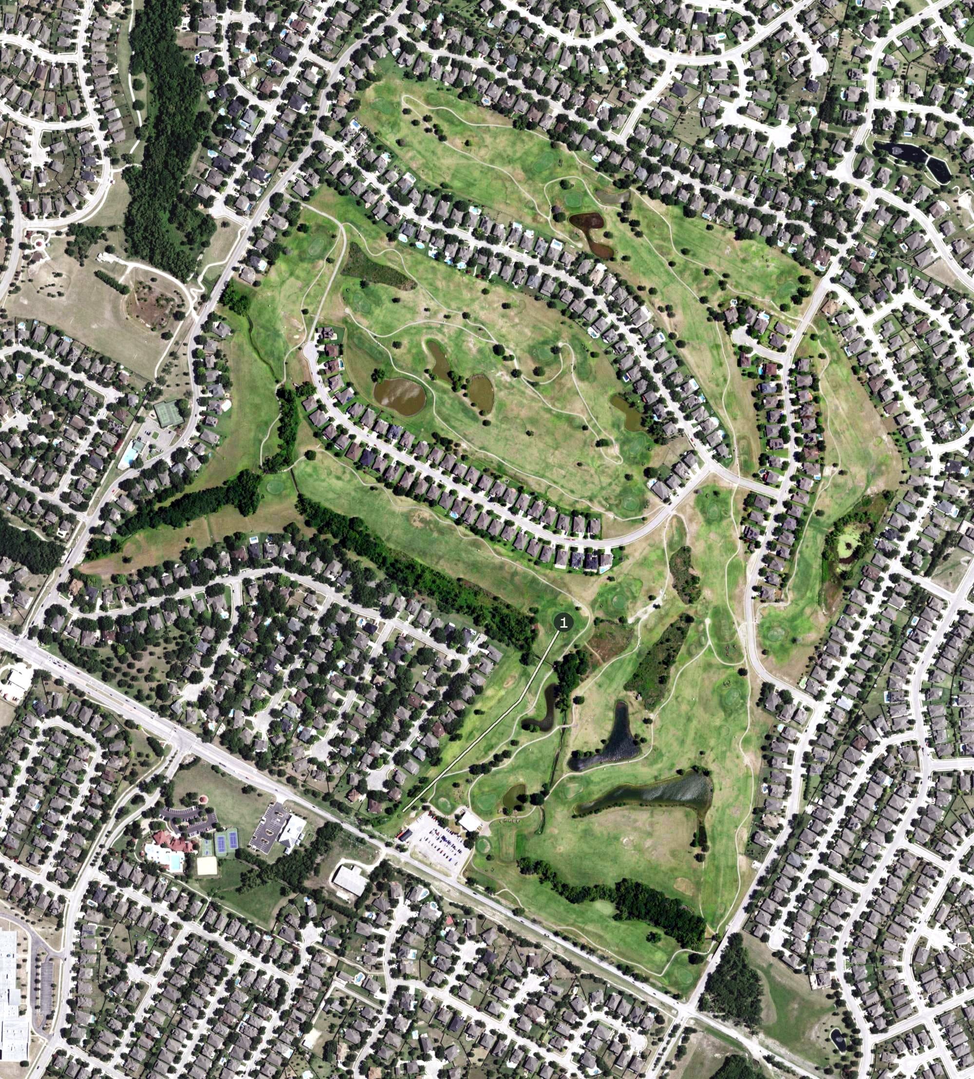 Aerial view of Blackhawk Golf Club, TX, with its hole routing marked